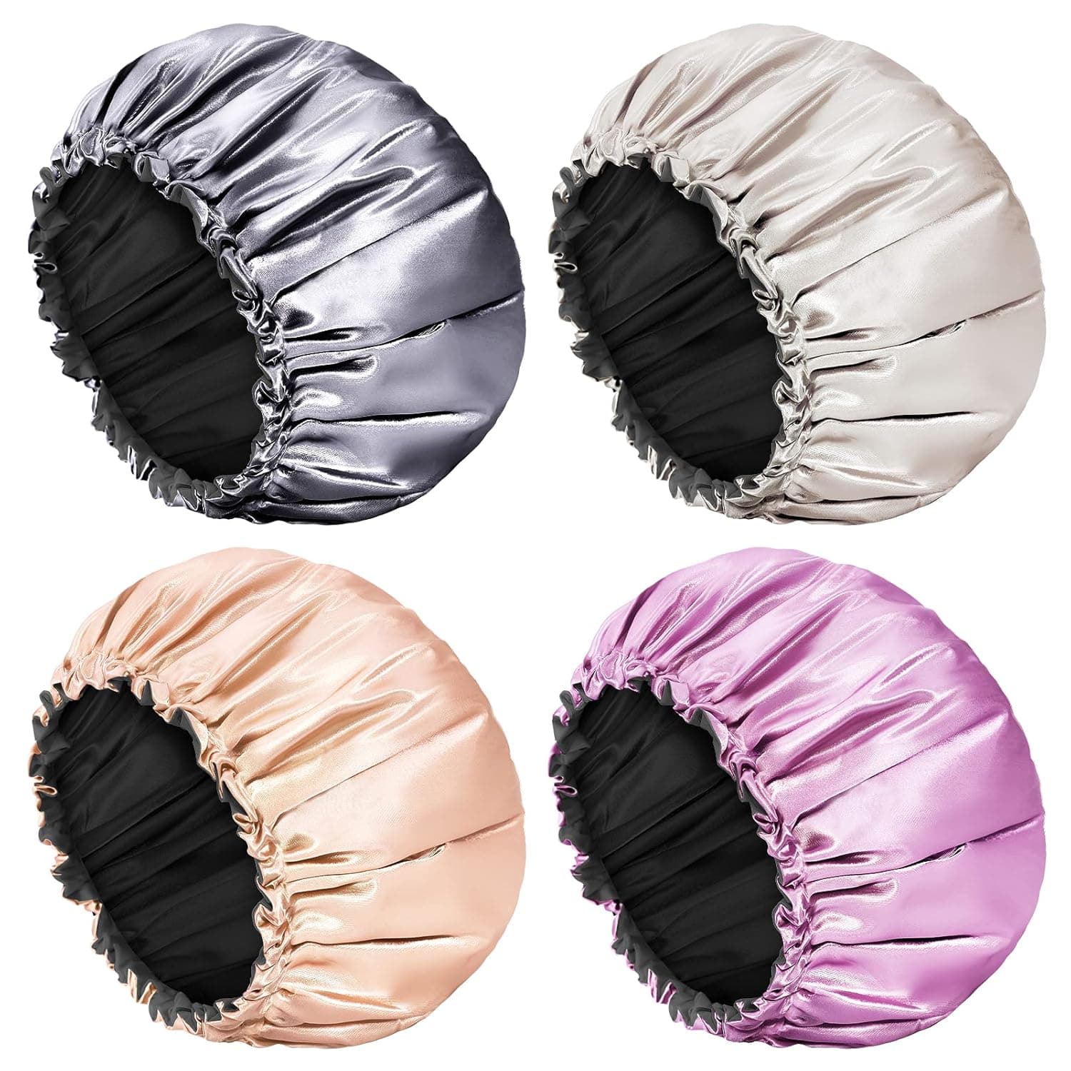Aquior Shower Cap, 4-Pack Reusable Shower Caps for Women Long Hair, Double Layers Premium Sumptuous Silky Satin 100% Waterproof Bathing Shower Cap Extra Large
