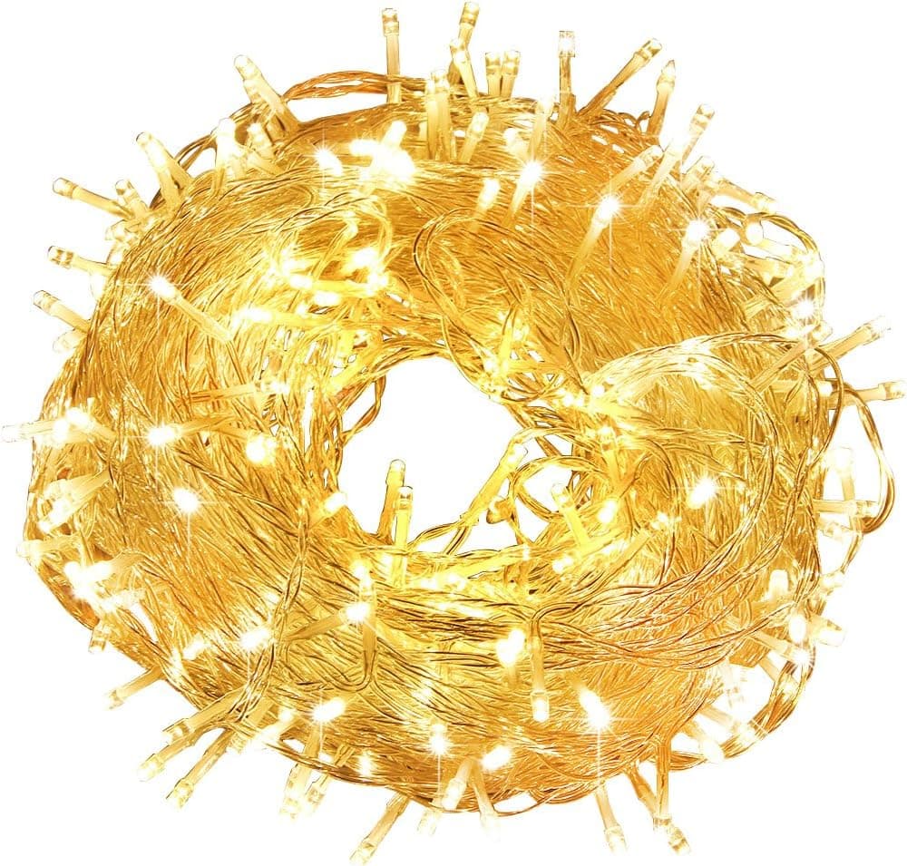 Excelvan Safe Low Voltage 24V 8 Modes 250 LEDs 50m/164ft Dimmable String Lights Fairy Lights DC Transformer with Transparent String for Bedroom Patio Garden Gate Yard Party Wedding(Warm White)