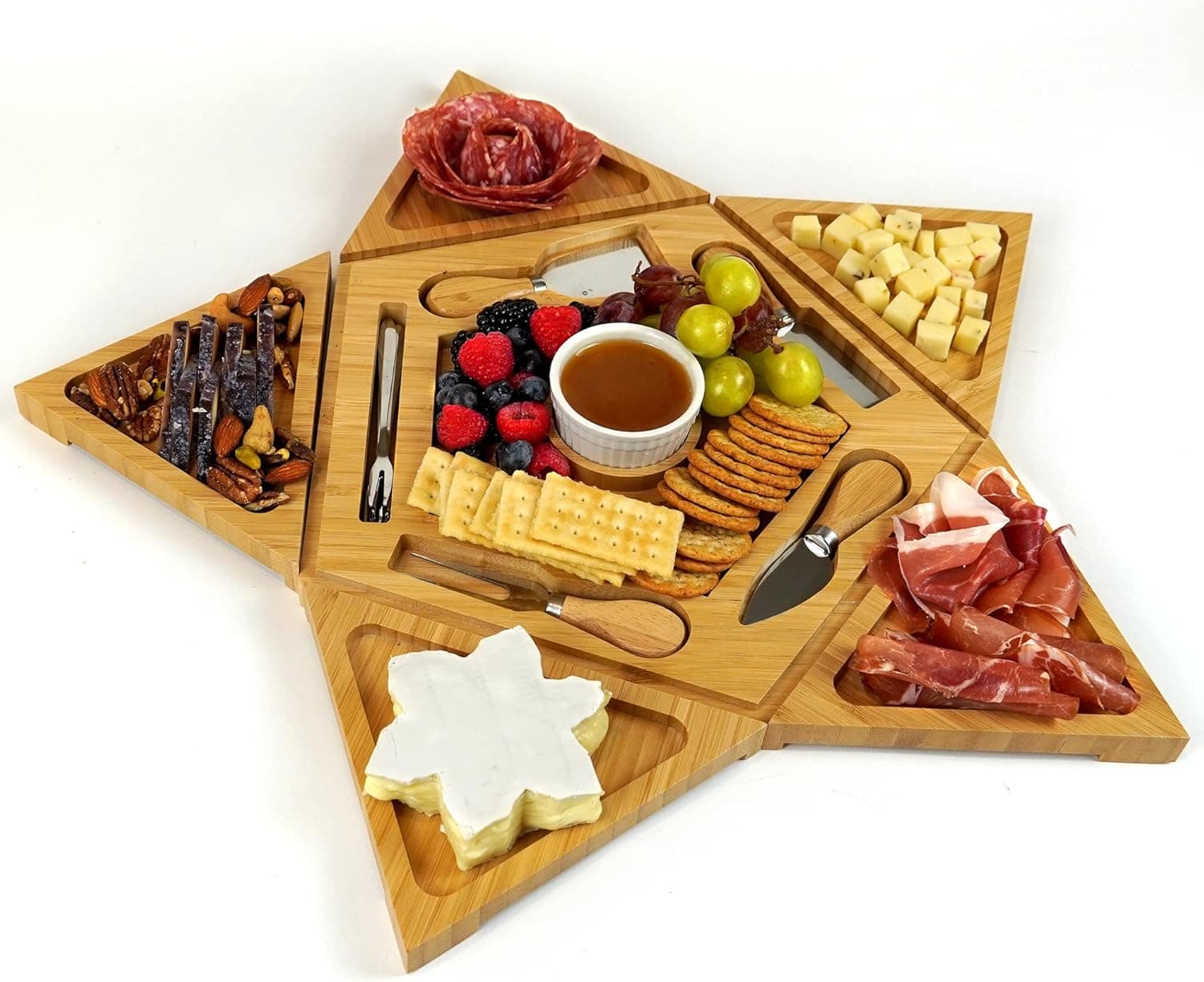 Small Star Shaped Charcuterie Board Set - Transformer Bamboo Cheese Board and Knife Set - Cheese Tray for Serving at Parties - Housewarming, Wedding, Thanksgiving, Christmas, Birthday, Valentines Gift