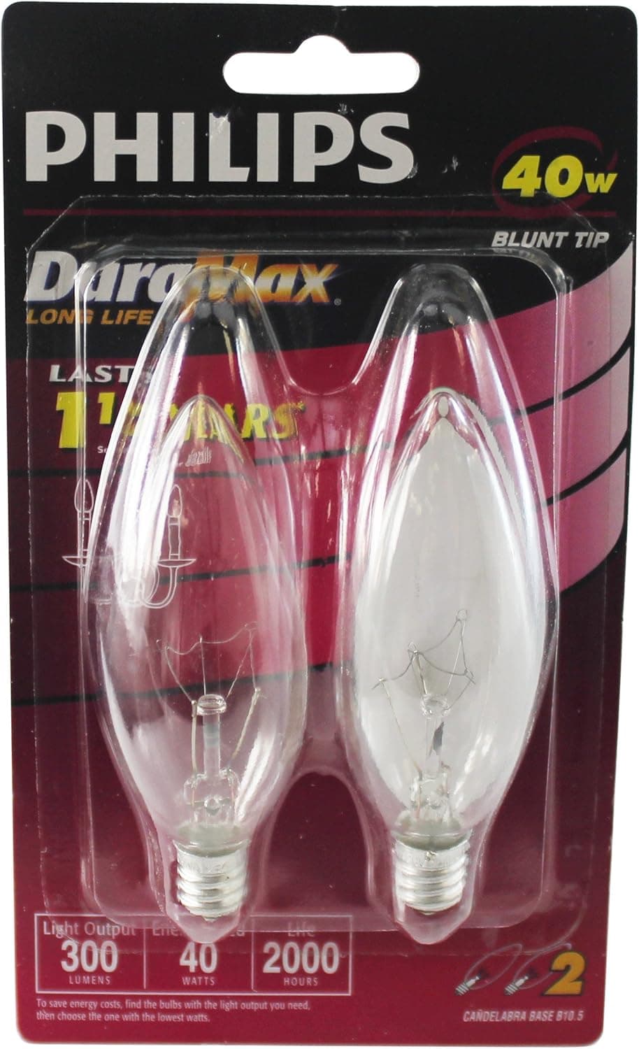 Philips 168252 DuraMax Blunt Tip Decorative Candle Lamp Card Of 2 Bulbs 40 Watt
