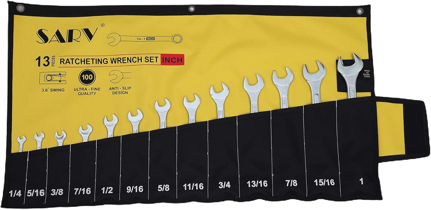 Wrench & Tool Roll Up SAE Pouch Organizer Bag 13 Pocket Handmade Waterproof PVC Laminated Ballistic Polyester Canvas for Craftsman Portable Tool Bag Easy Grip - Yellow/Black
