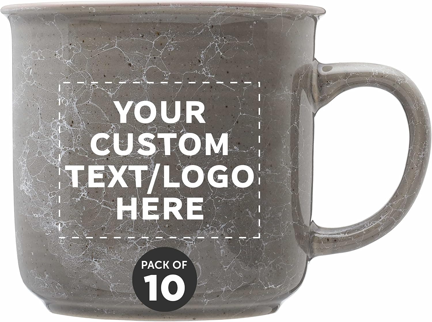 Custom Marble Campfire Coffee Mugs 13 oz. Set of 10, Personalized Bulk Pack - Ceramic, Perfect for Coffee, Tea, Espresso, Hot Cocoa, Other Beverages - Grey