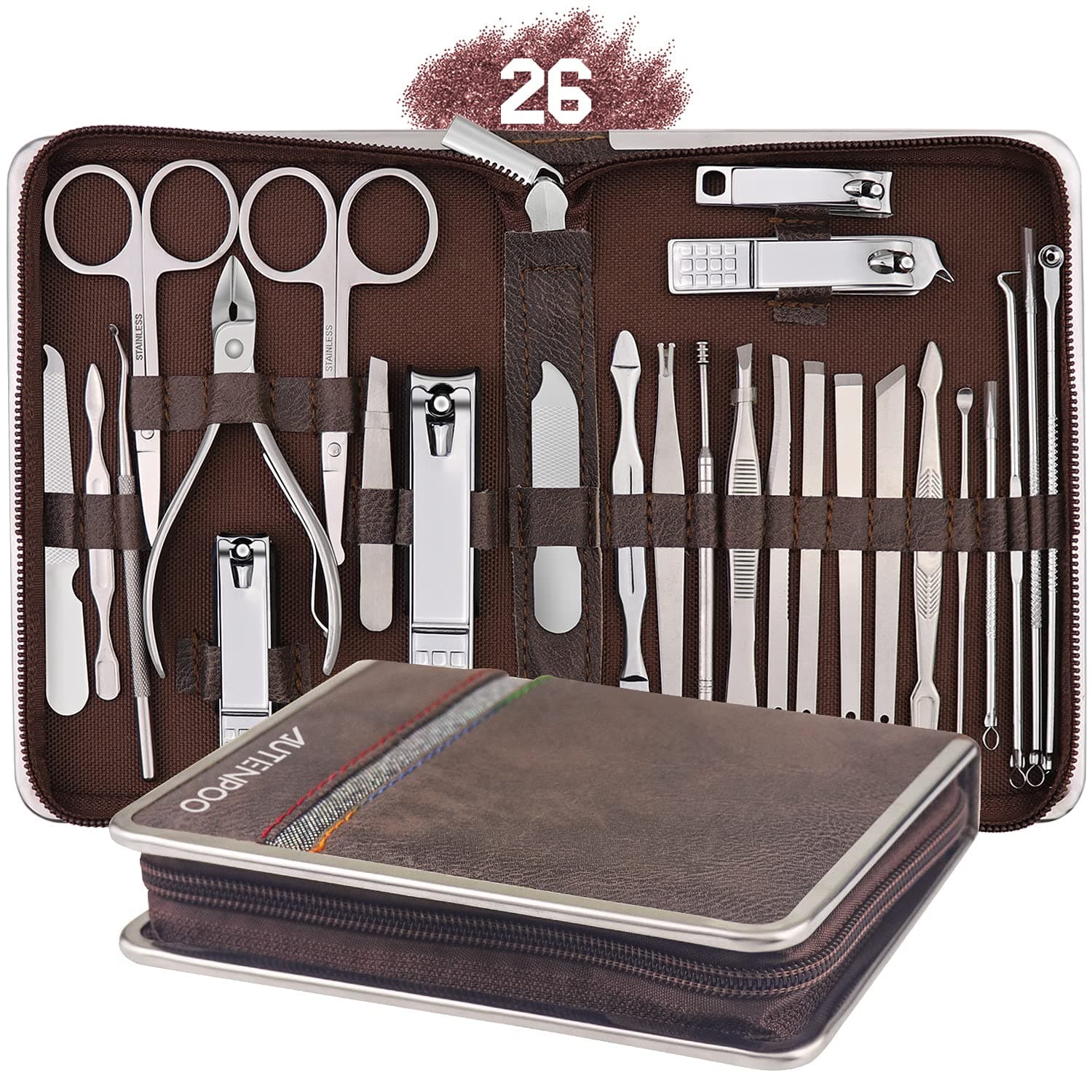 AUTENPOO Nail Clippers, 26 in 1 Manicure Set Professional Pedicure Kit, Functional Nail Kit for Pedicure & Manicure, Pedicure Tools with Toenail Clippers and Fingernail Clippers (Brown)