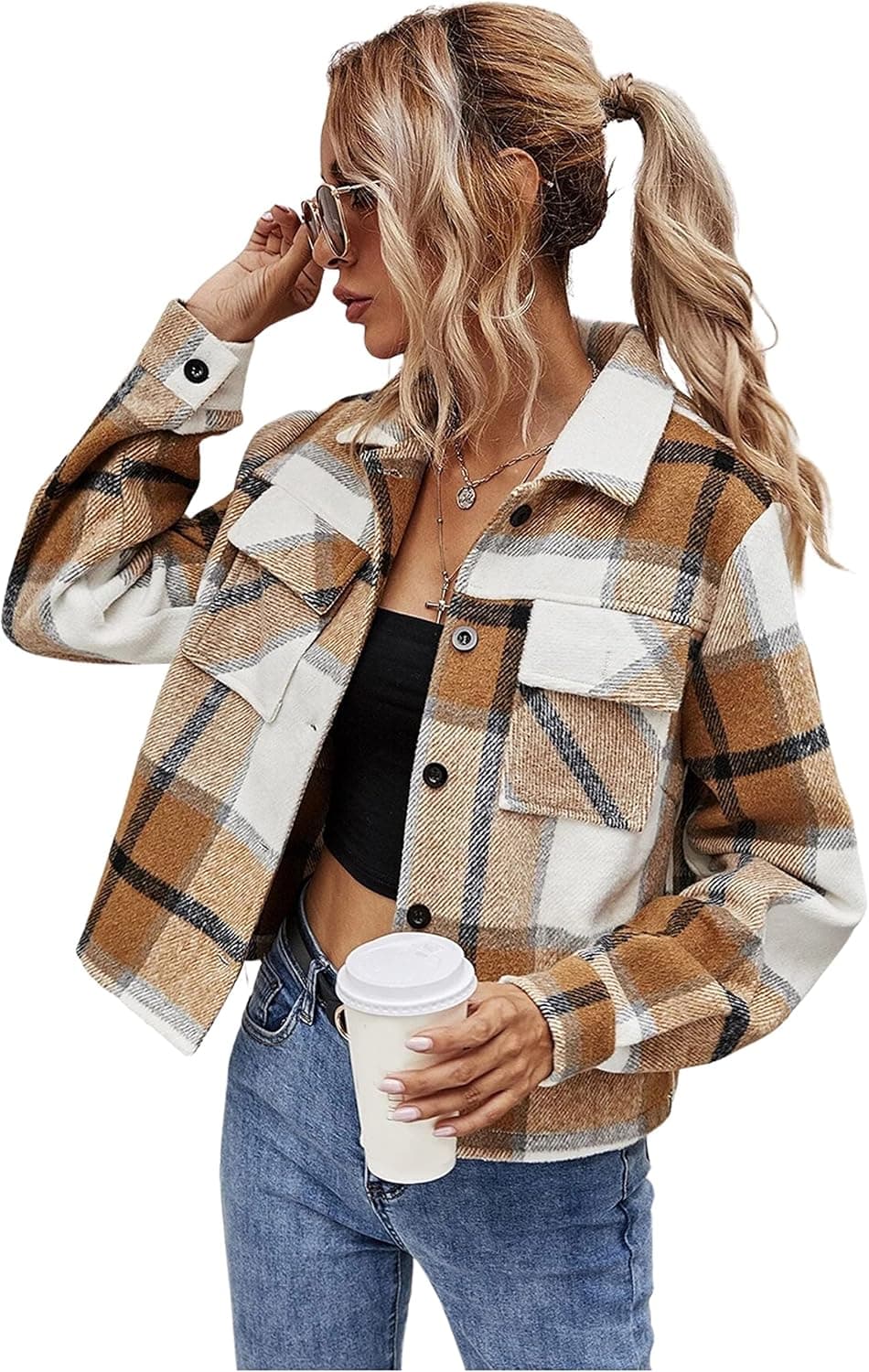 Lentta Women's Cropped Plaid Shacket Jacket Fall Fashion Flannel Wool Blend Shirt Coat
