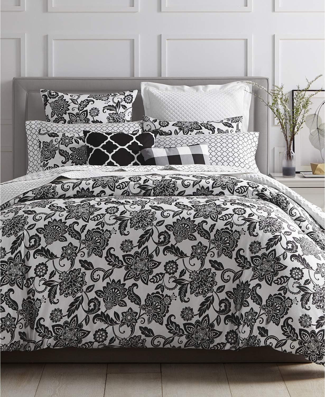Charter Club Damask Designs Black Floral 3 Piece Full/Queen Comforter Set Black/White