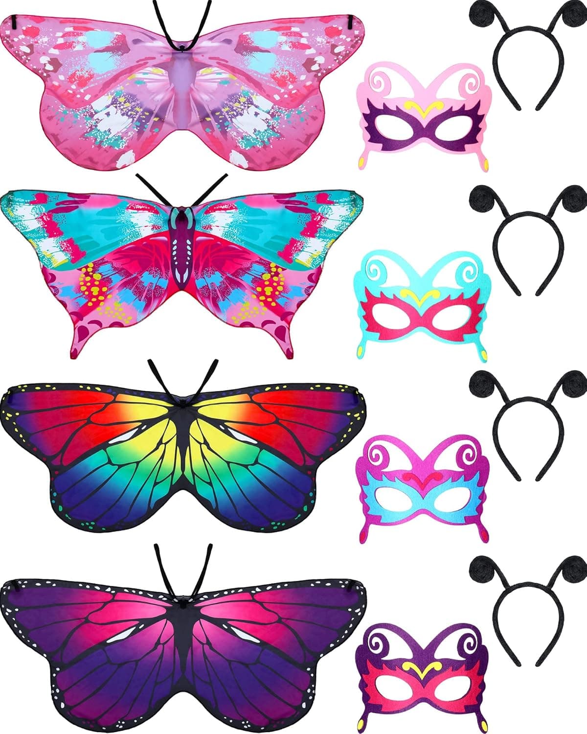 12 Pcs Kids Fairy Butterfly Wings Costume for Girls Dress up with Antenna Headband Mask Kids Girls Halloween Party Supplies