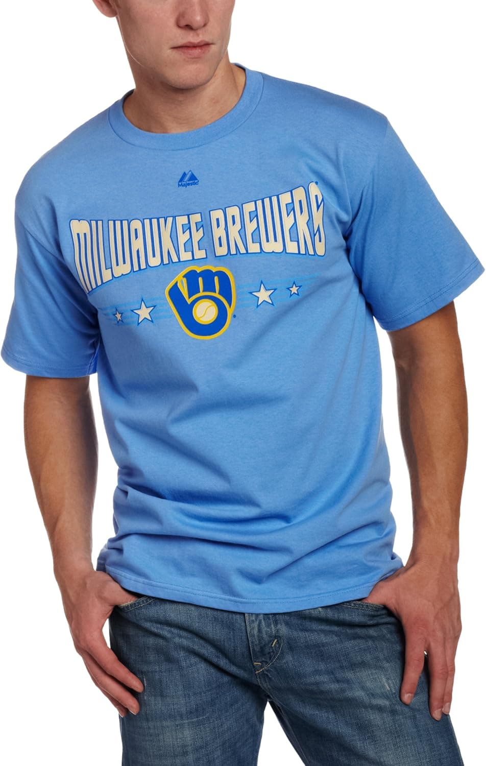 Majestic MLB Men's Milwaukee Brewers 1982 Cooperstown Baseball Tickets Short Sleeve Basic Tee (Coastal Blue)
