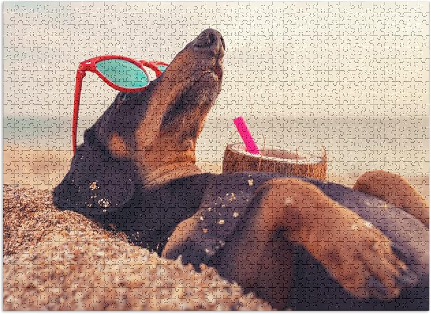 Dachshund Dog Lounging in Sun on Beach (19x28.5 inches, Premium 1000 Piece Challenging Jigsaw Puzzle for Adults and Family, Made in USA)