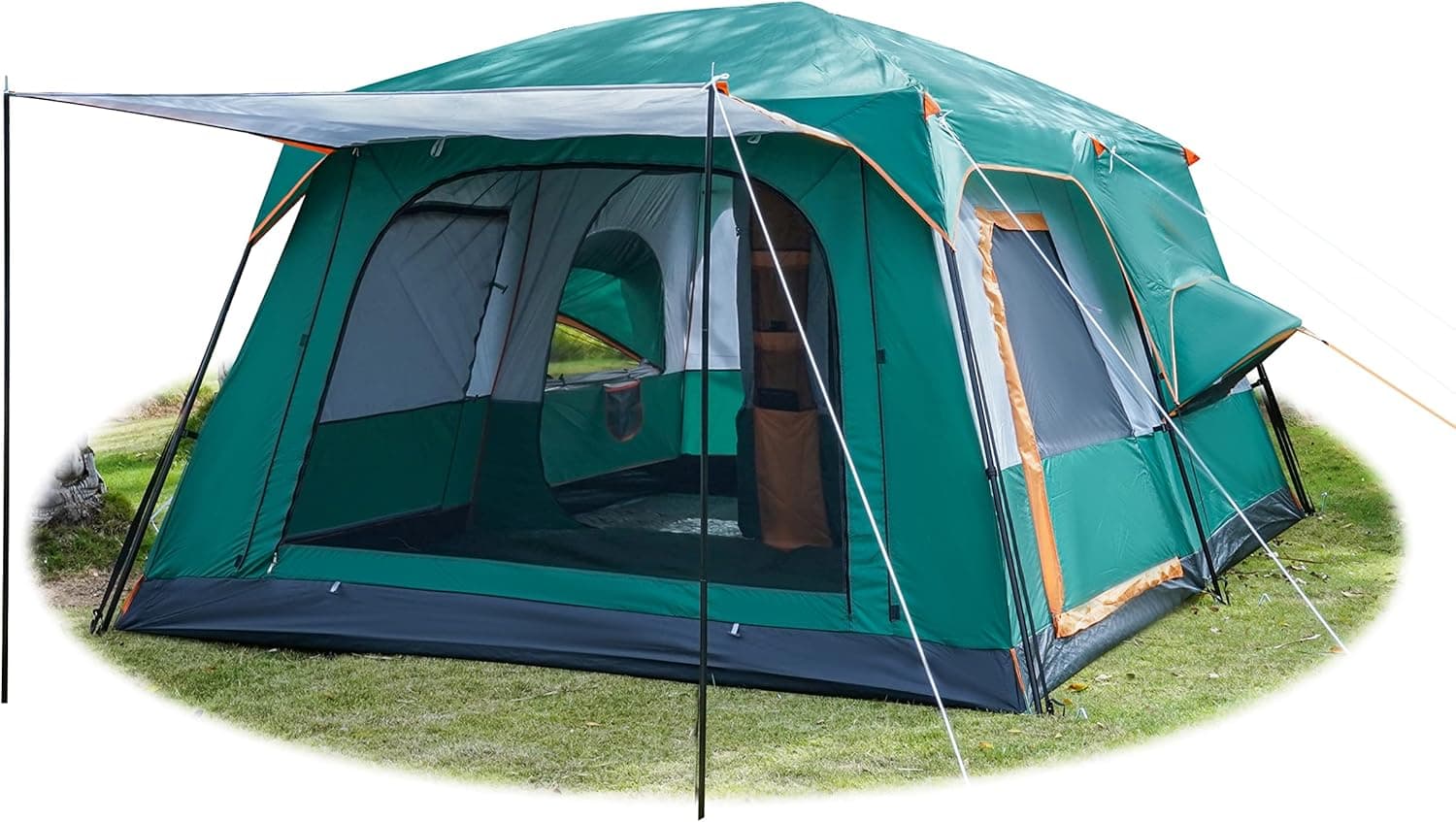 KTT Large Family Cabin Tent 10 Person,14.1X10X6.58ft,2 Rooms,3 Storage Pockets,2 Bay-Windows 3 Doors and 3 Windows with Mesh,Straight Wall,Waterproof,Double Layer,Big Tent for Outdoor,Camping