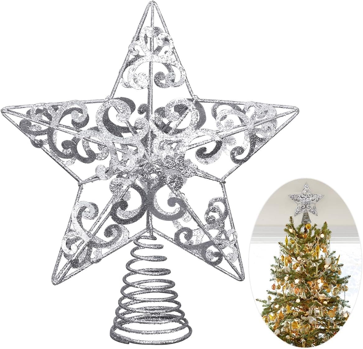 Unomor Christmas Star Tree Topper -Silver Glittered Metal Hallow Tree Star Unique Design- 8 Inches (Size Not Included Base) Fit for General Size Christmas Tree
