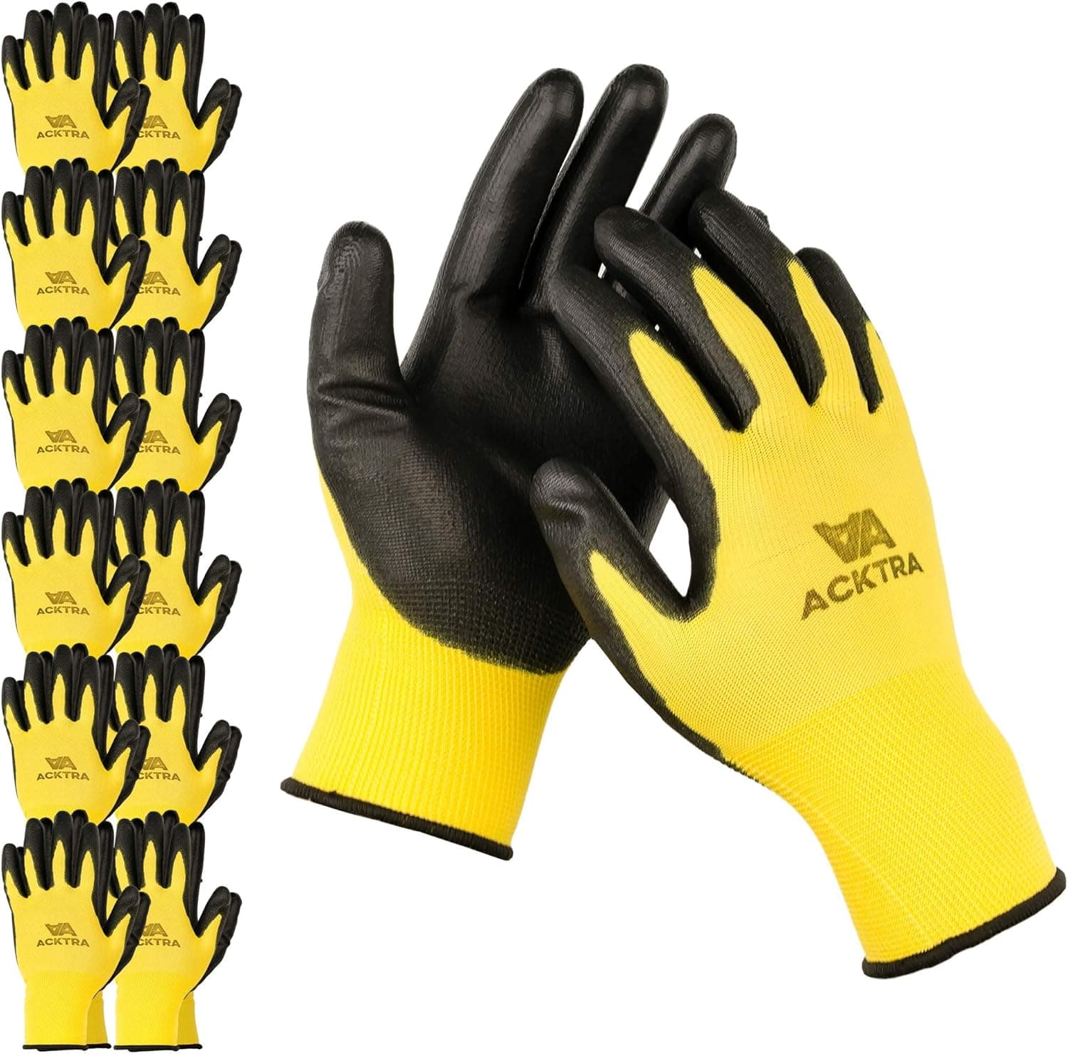 ACKTRA Ultra-Thin PU Safety WORK GLOVES 12 Pairs, WG002 Yellow/Black, Large