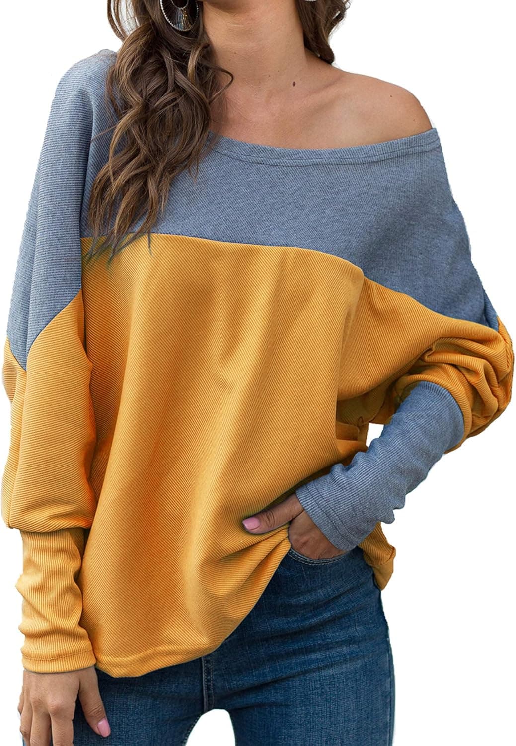 Women's Off Shoulder Batwing Sleeve Loose Pullover Sweater Knit Jumper Oversized Tunics Top (Yellow, L)