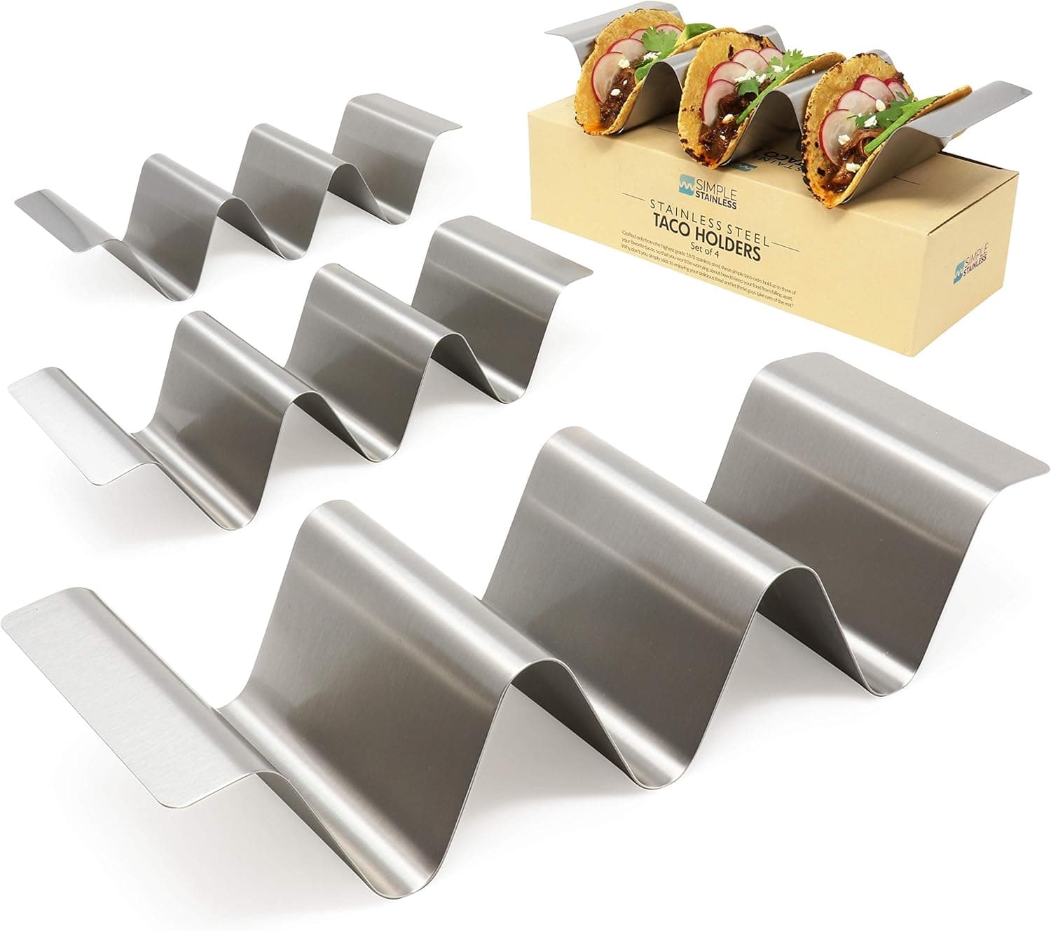 SimpleStainless Taco Holder Stands with Handles - Set of 4 - Wide Size - 3 Compartment with Unique Round Grooves - High Quality Stainless Steel for Restaurant & Home Kitchens