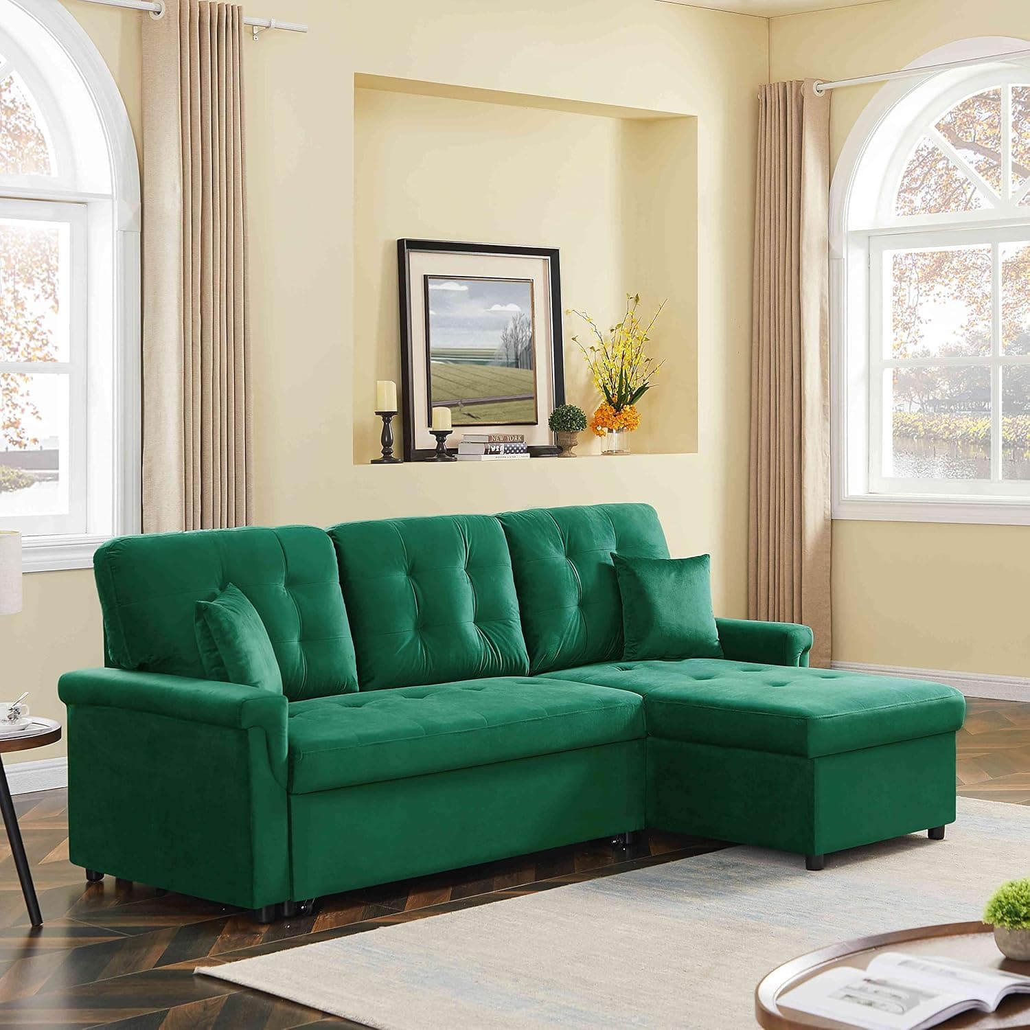 Cotoala 86.6" Reversible Sectional Sleeper Sofa with Storage Chaise and 2 Pillows, Velvet L-Shape Corner Couch w/Pulled Out Bed for Living Room & Apartment, Green