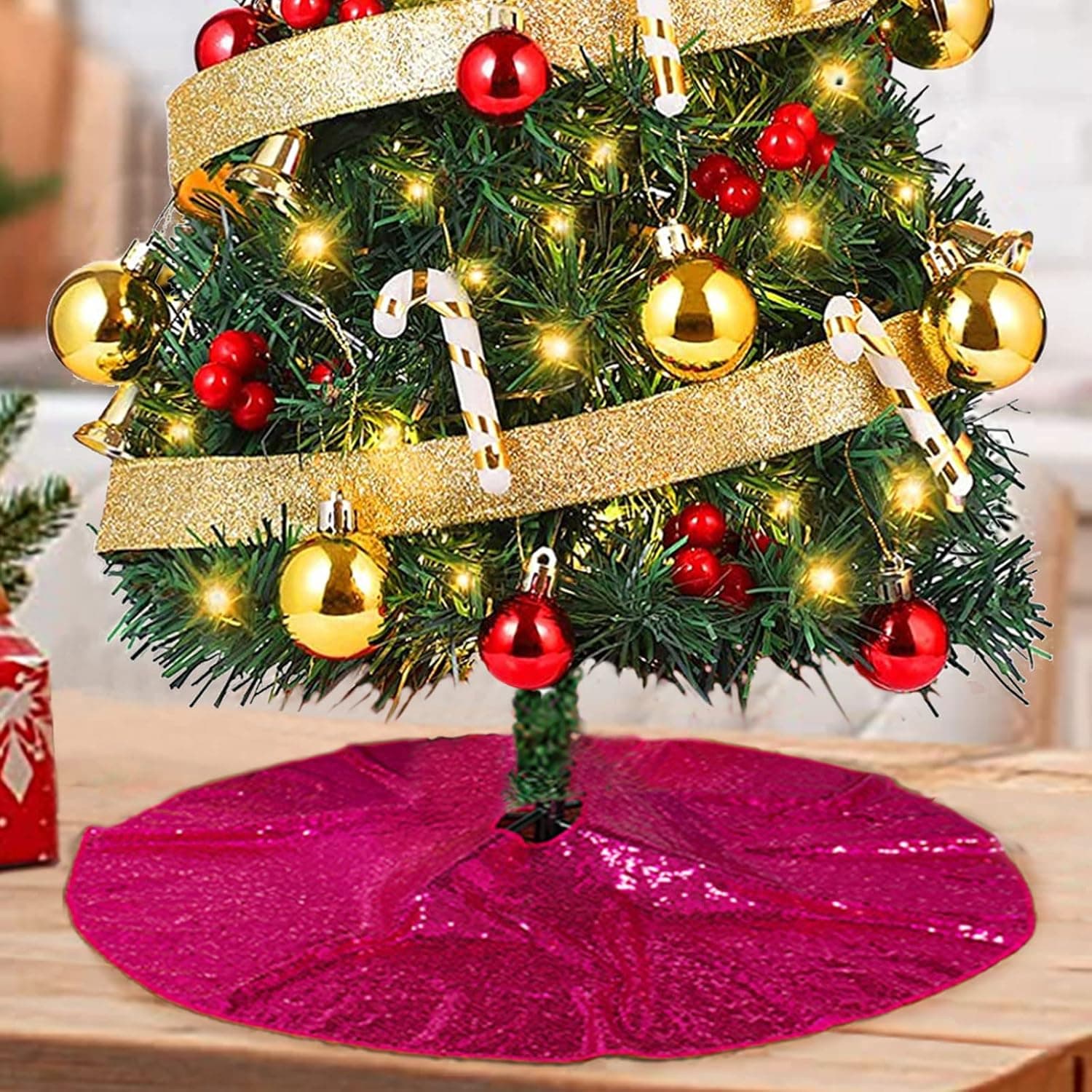 ShinyBeauty Mini Tree Skirt Embroidered Sequin Tree Skirt-24Inch Mini Christmas Tree Skirt Glitter Christmas Tree Skirt Samll Tree Skirt for Small/Slim/Pencil/Tabletop Trees