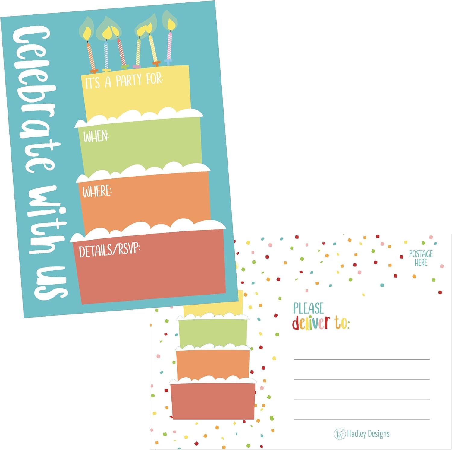 25 Cake Rainbow Party Invitations for Kids, Teens, Adults, Boys & Girls, Blank Children Happy 1st Birthday Invitation Cards, Unique Baby First Bday Invites, Toddler 1 2 3 Year Old rsvp Invites Fill In