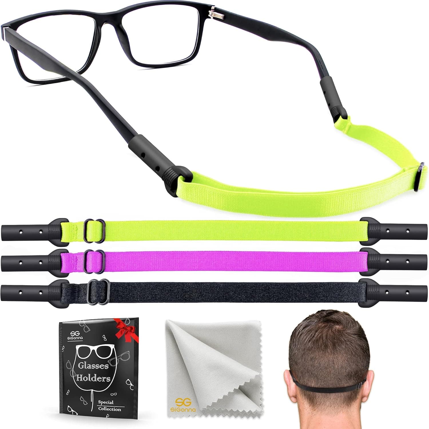 SIGONNA Glasses Strap Holder - 3 Adjustable Eyeglasses Strap Lanyards, No Tail Sunglasses Strap for Men Women, Anti-Slip Eye Glasses Holders Around Neck Head
