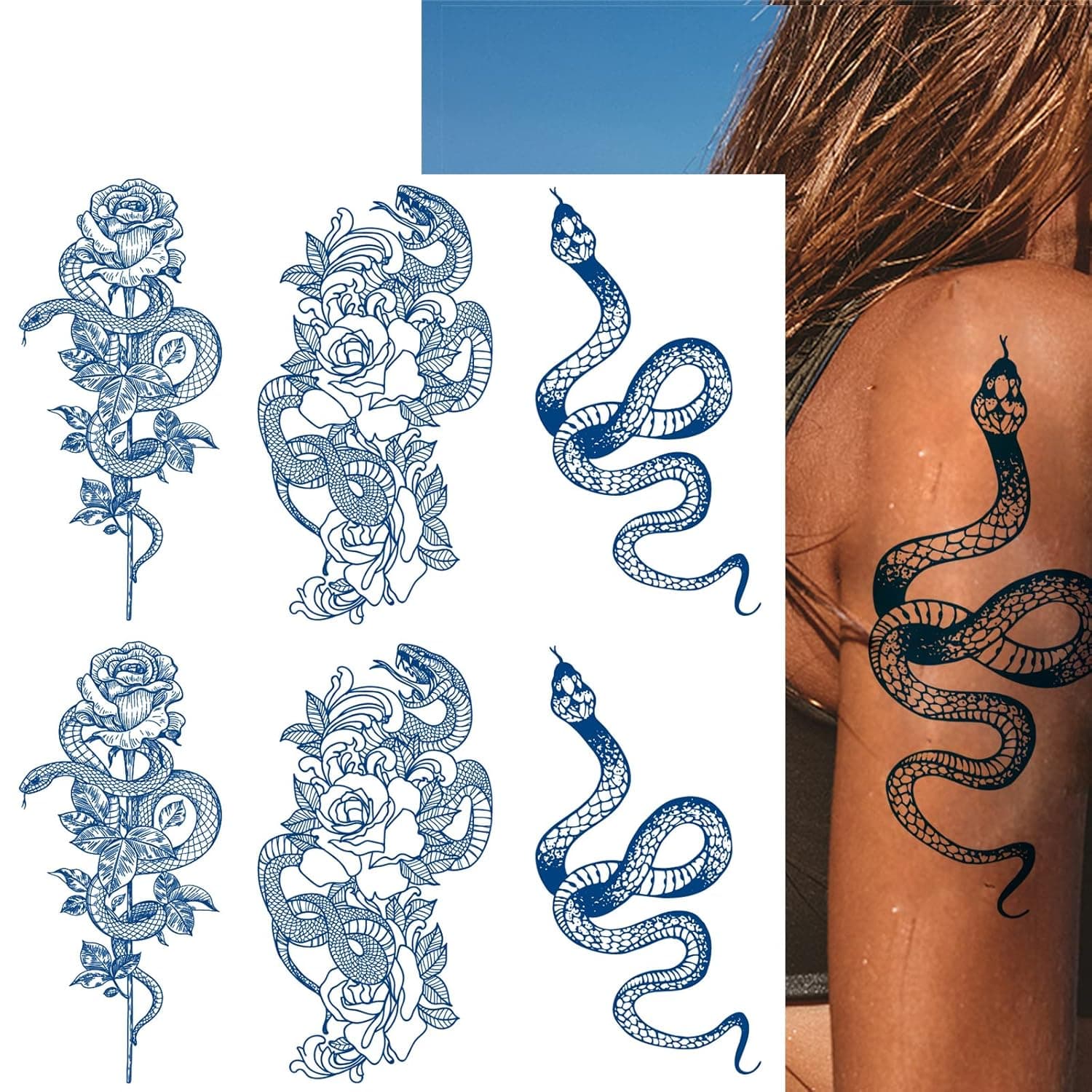 Temporary Tattoo for Adult Women Girls,Snake Flower Semi-Permanent Tattoo Waterproof and Long-Lasting 1-2 Weeks, Dark Blue Realistic Fake Tattoo sleeves for women(6 Sheets)
