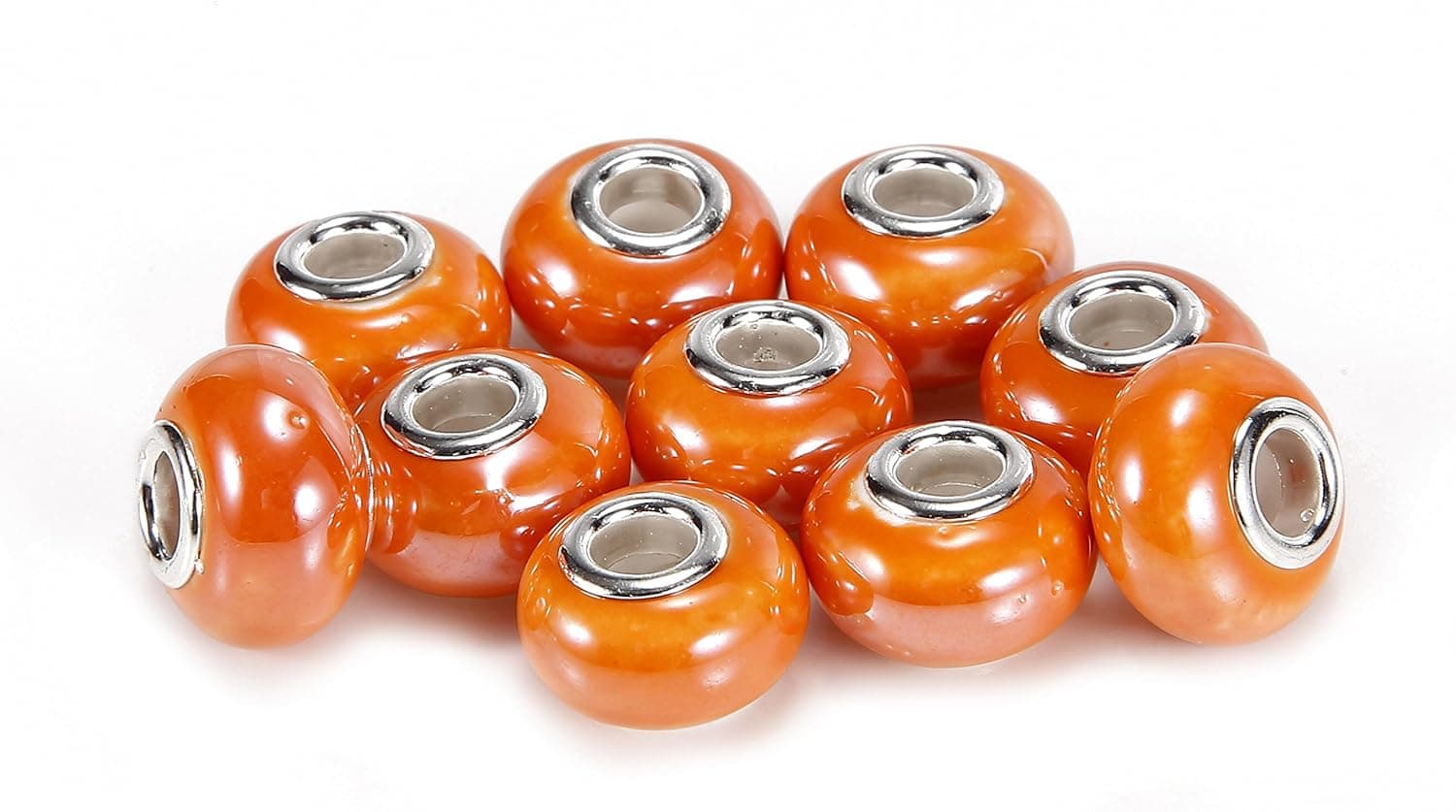 BRCbeads 10Pcs Silver Plate Orange Color Porcelain Murano Lampwork European Glass Crystal Charm Beads Spacers