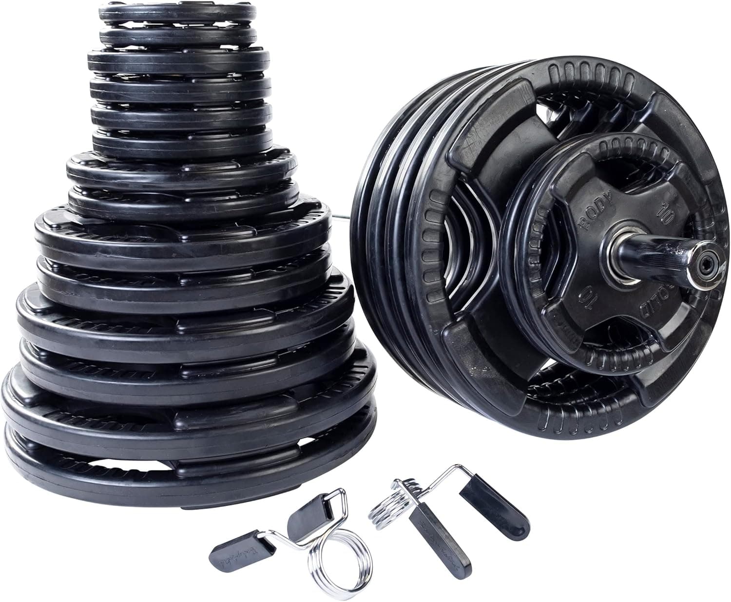 Body Solid #OSR500S Rubber Grip Olympic Weight Plate Set, Chrome Bar