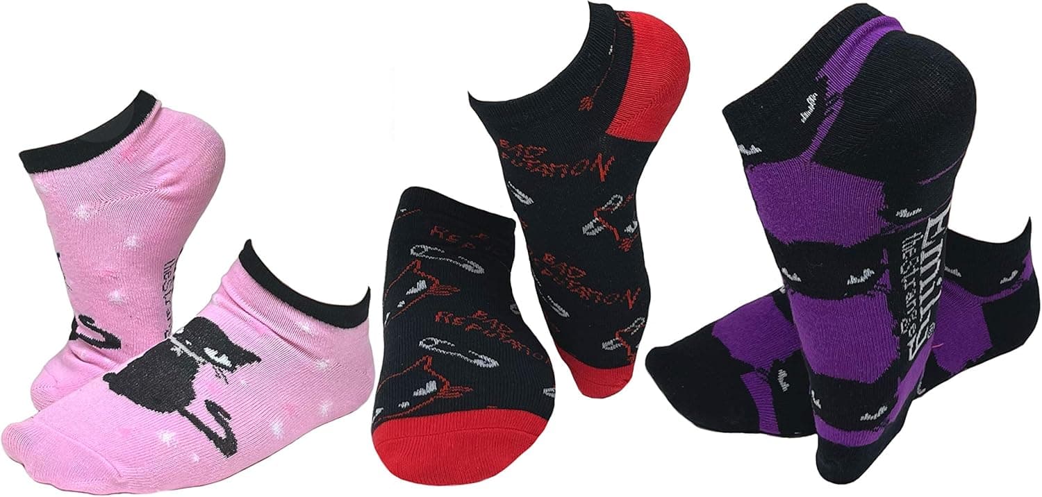 Women's Emily the Strange Fun Casual Pink Black Cat Ankle No-Show Socks - 3 Pair (Liner_2070_3pair, 3)