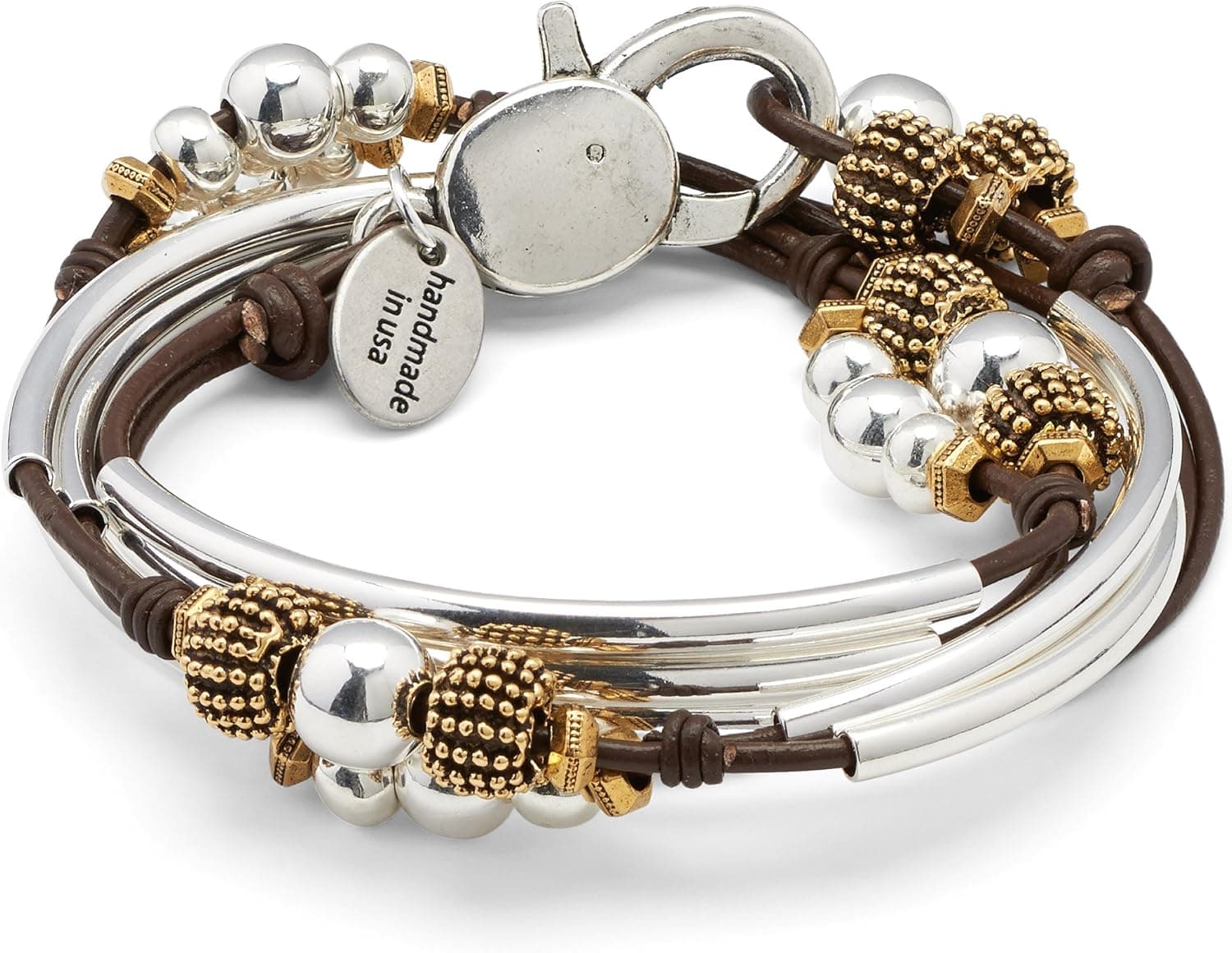 Lizzy James Paris Silver Plated Crescents with Gold and Silver Beads 2 Strand Metallic Chocolate Leather Wrap Bracelet (Large (6 5/8" - 7"))