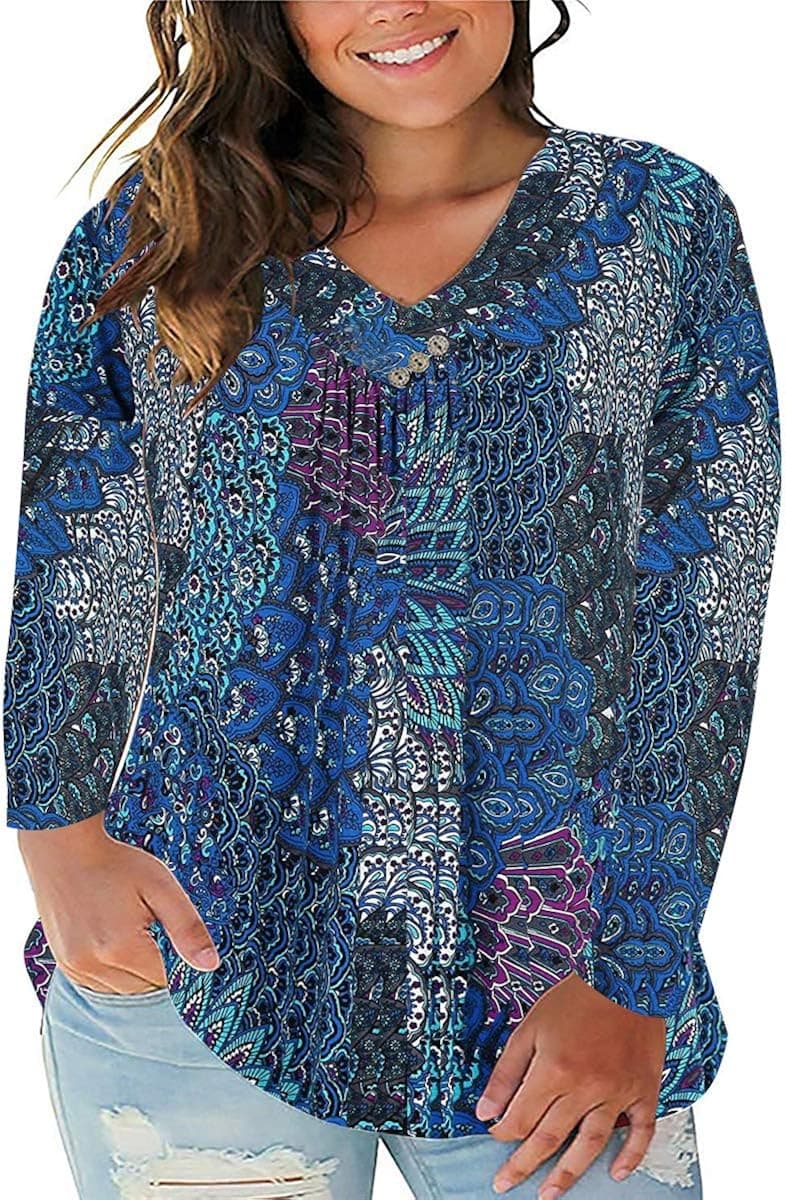 IMIDO Womens Tops Plus Size Tie-Dye Floral V Neck Tee Shirts Casual Soft Buttons up Tunic Short/Long Sleeve