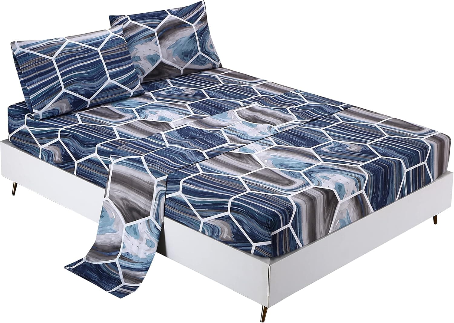 MAG Marble Bed Sheet 4PC Blue Geometry Design Twin Size Modern Pattern Printed Bedding Sheet Set with 1 Flat & 1 Fitted Sheet with 2 Pillowcases, 14 Deep (Full)