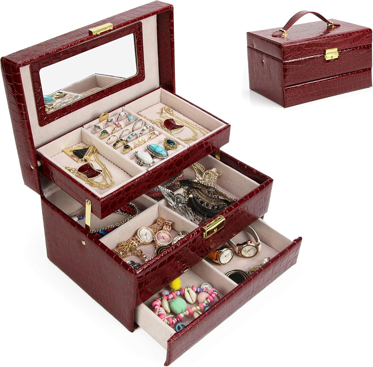 Jewelry Box Organizer Three-Layer Jewelry Display Storage Leather Case with Automatic Lock and Mirror (Wine Red)