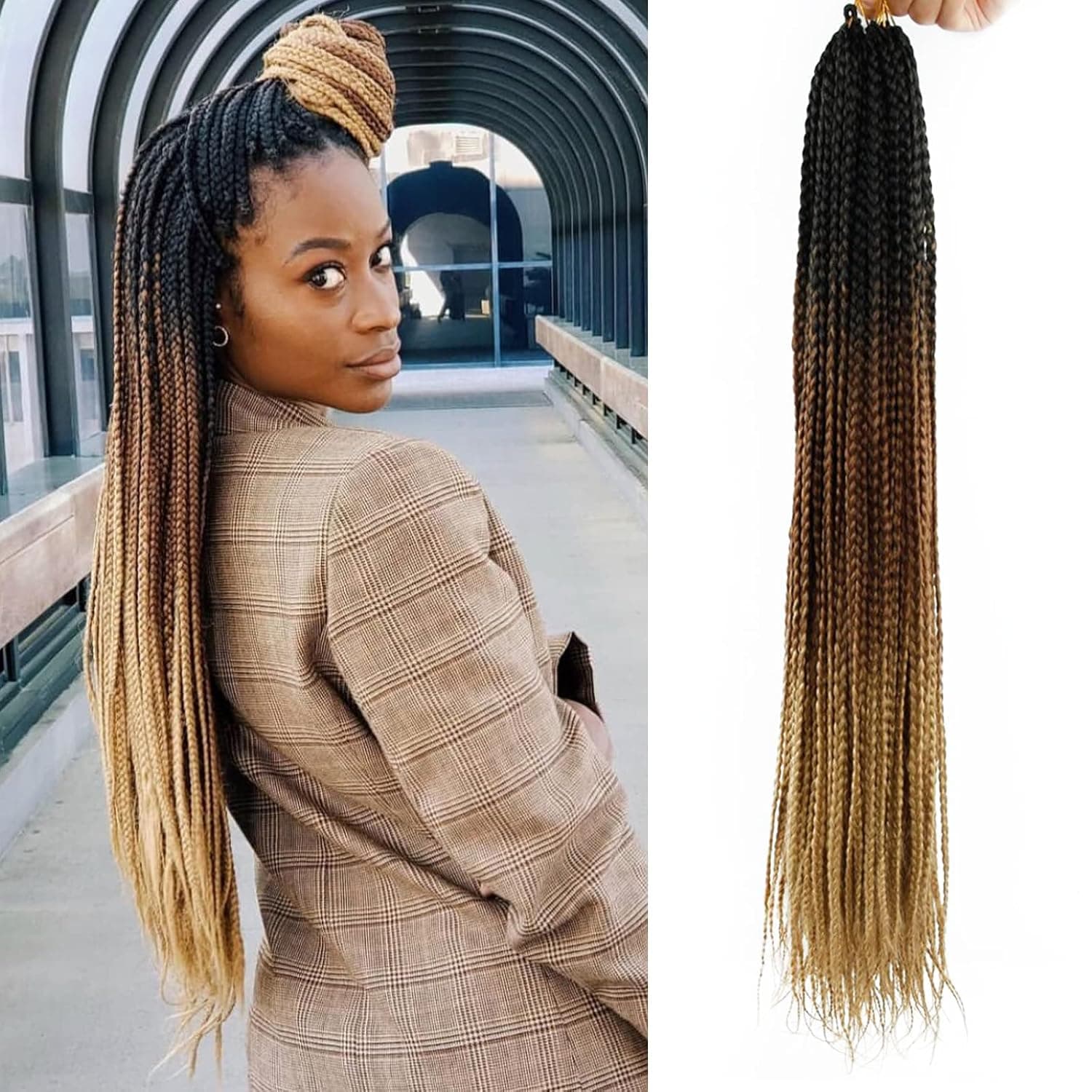 24 Inch Box Braids Crochet Braids 5Packs Ombre Box Braids Crochet Hair Extensions 22Strands/Pack (1B 4 27)