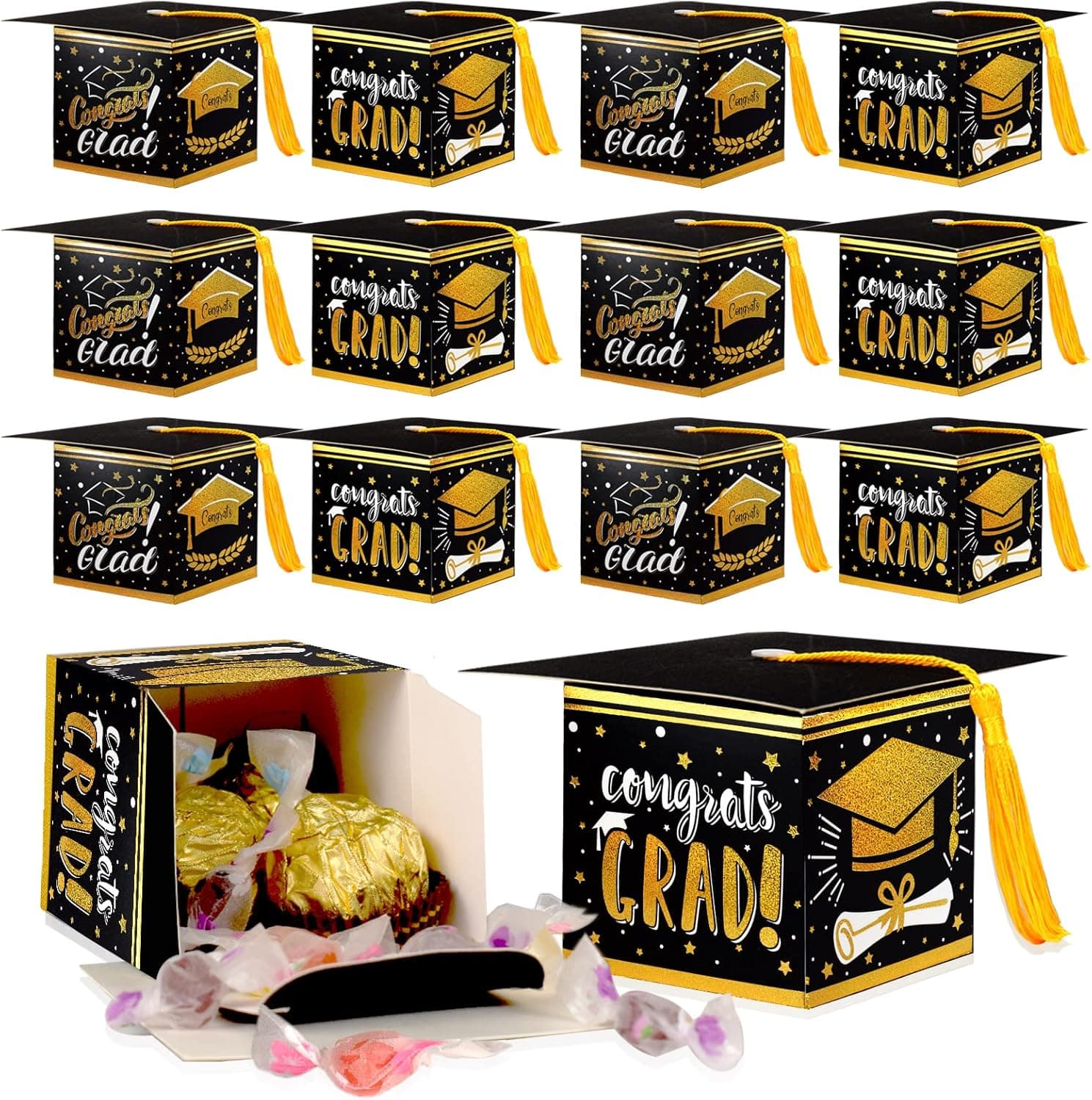 PHIAMOLY 30 PCS Graduation Cap boxes grad gift boxes Glitter Black and Gold with Tassels for Graduation Party Favors Graduation Party Decoration 2023
