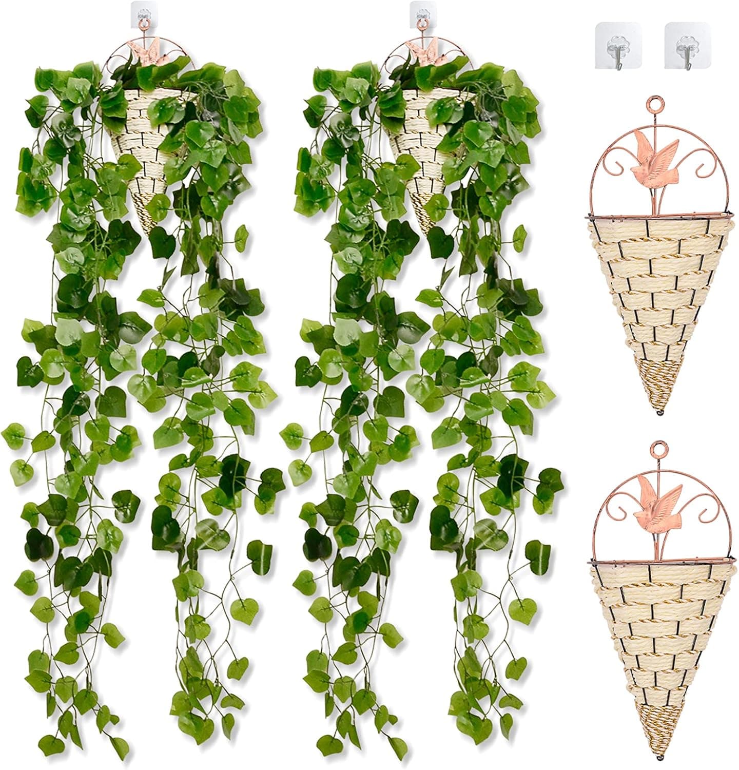 CYTHERIA Fake Potted Hanging Plants, 2pcs Wall Planters with 4pcs Artificial Plants. Faux Greenery Fake Grape Leaves Hanging Wall Vines for Room Decor Indoor, Outdoor, Balcony, Office, Home Gardening
