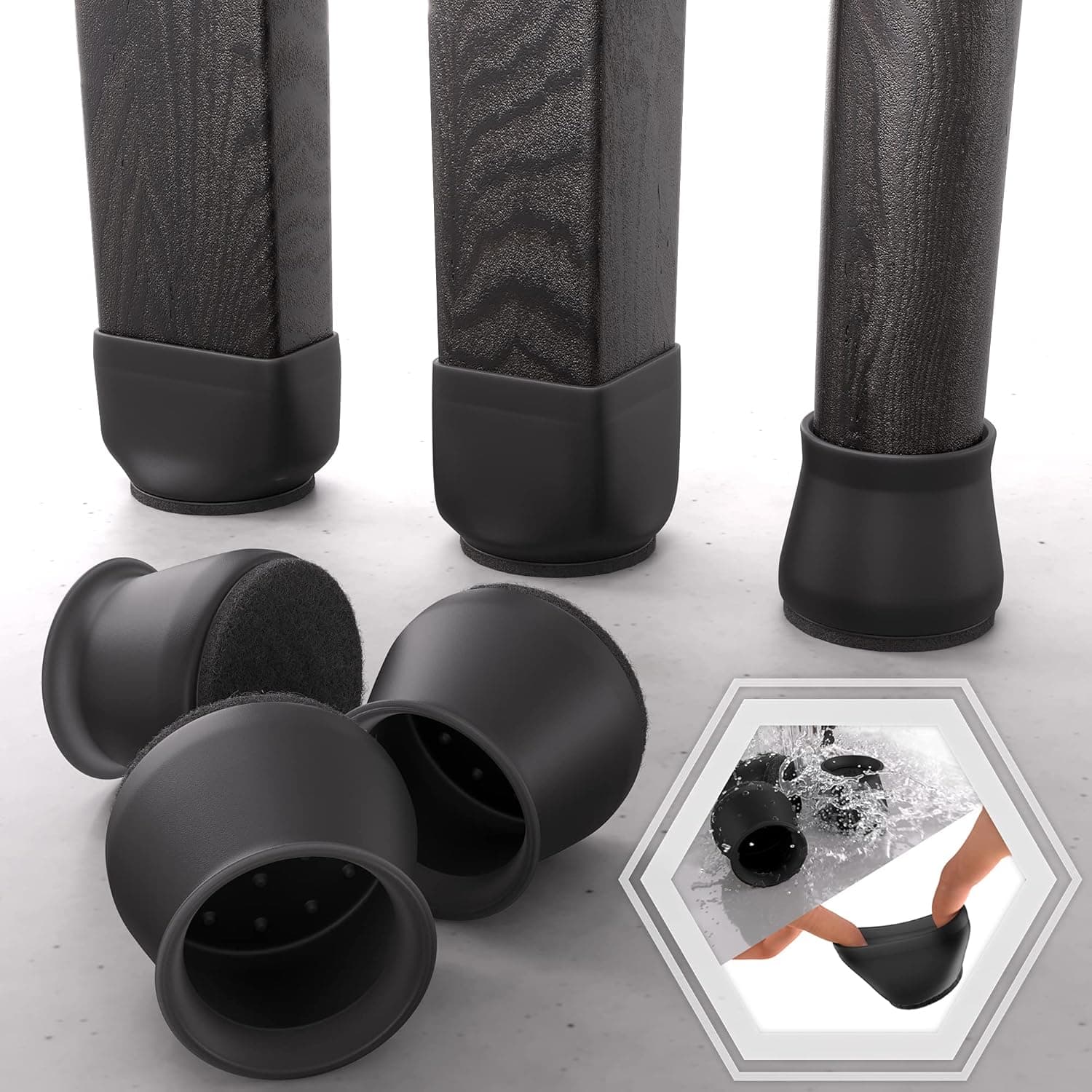Midnight Black Silicone Chair Leg Floor Protectors with Felt Pads – 16 PCS Chair Leg Caps. Fits All Shapes. Protect Your Floors from Scratches and Reduce Noise with Furniture Leg Protectors