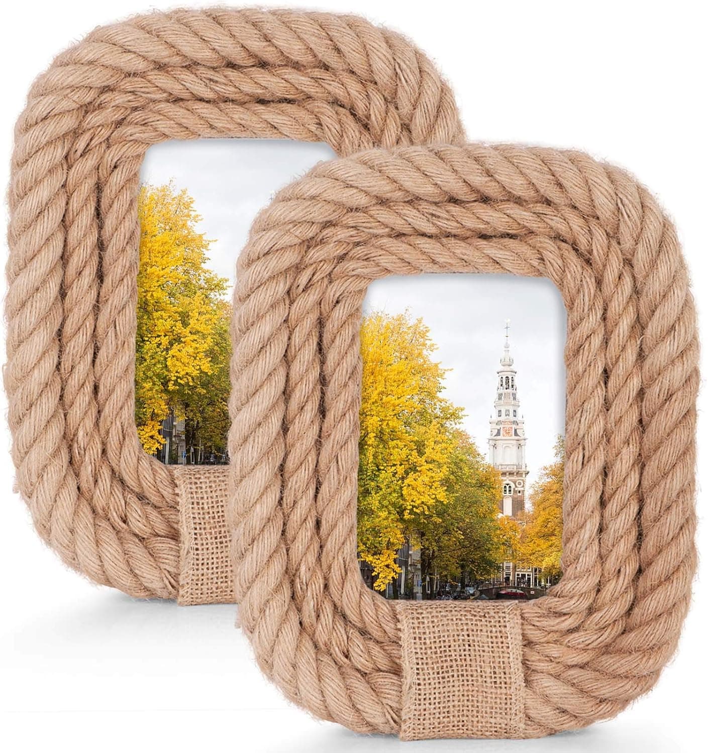 SZQINJI Picture Frames 5x7 Photo Display 2 Pack Hemp Rope Rustic with High Definition Glass for Table Desk Top Display and Wall Mounting