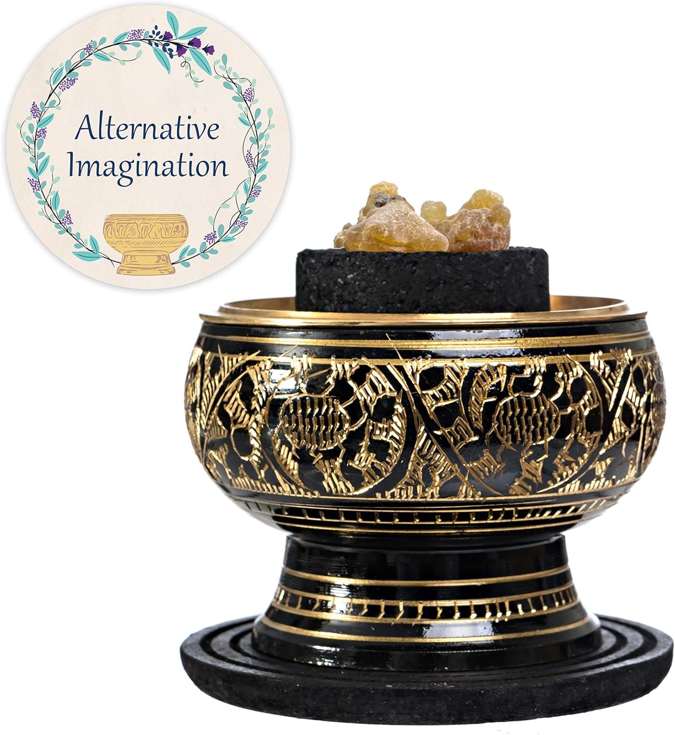 Alternative Imagination Premium Bundle of Black Carved Brass Incense Holder with Myrrha Incense