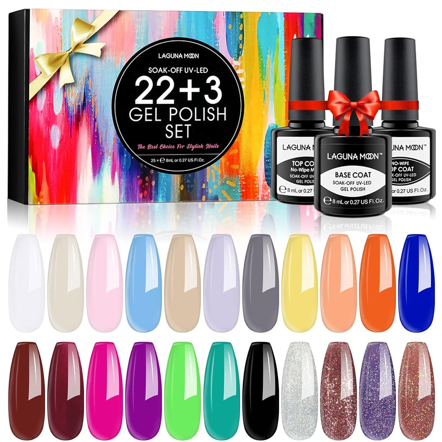 Lagunamoon 25 Pcs Gel Nail Polish Set, 8ml Soak off Nail Polish Set Neon Blue Green Yellow Glitter with Glossy & Matte Top Base Coat, Gel Nail Starter Kit Manicure Salon Gift Set
