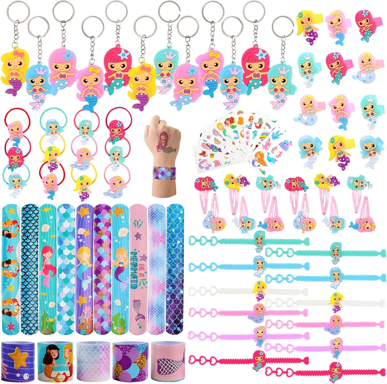 84 PCs Mermaid Party Favors for Kids Pinata Stuffers Keychain Slap Bracelet Rings Bracelets Tattoos Hair Accessories Return Gifts Mermaid Birthday Party Prizes for Girls