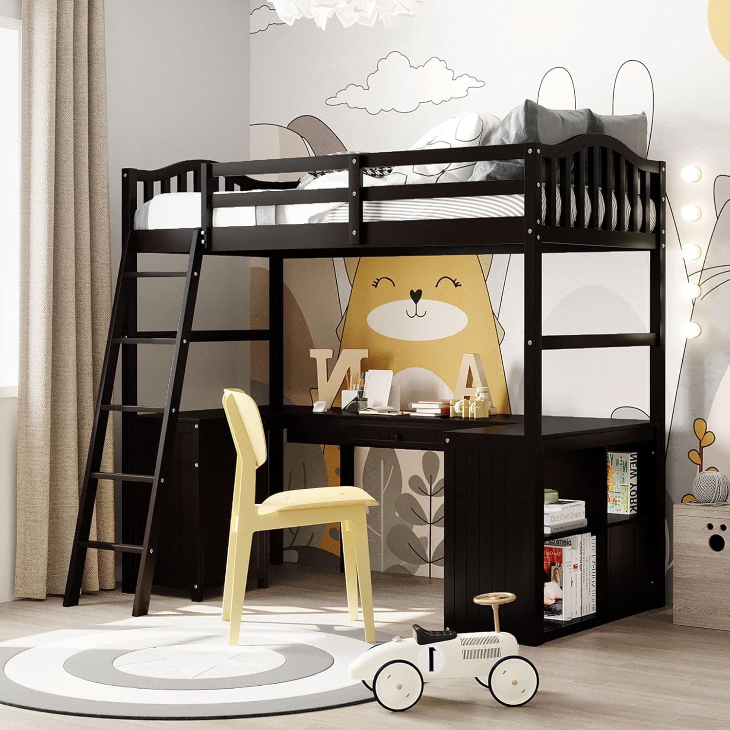 Twin Loft Bed with Desk, Twin Loft Bed with Storage Drawers and Shelves, Twin Loft Bed with Cabinet, Wood Twin Loft Bed Frame with Guard Rail and Angled Ladder for Kids Teens Adults, Espresso