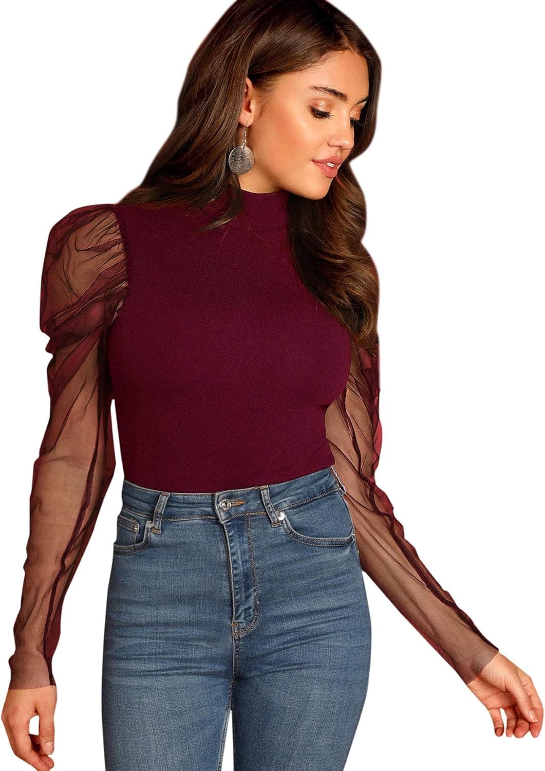 Romwe Women's Mesh Puff Sleeve High Neck Slim Fit Party Blouse Top