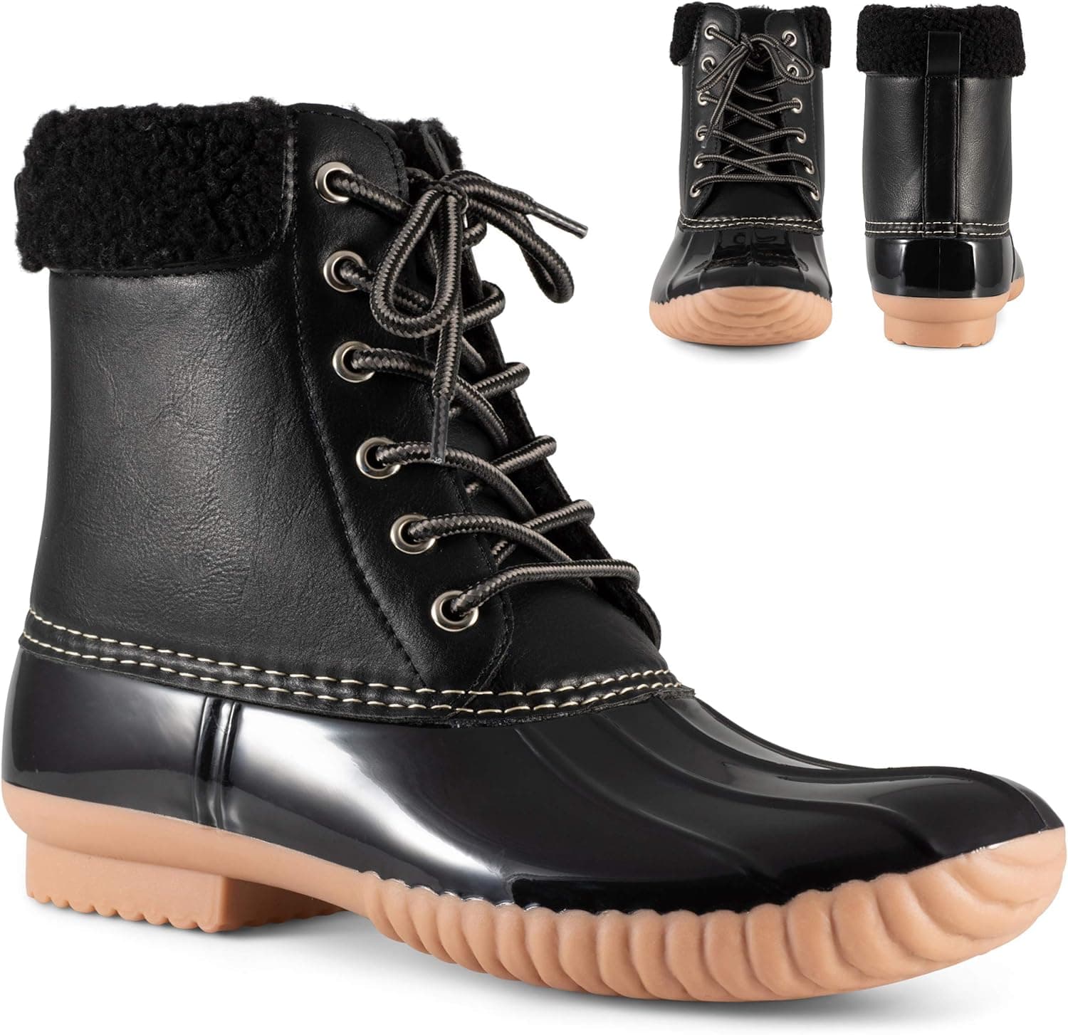 Twisted Shoes Becca Womens Rain Boots, Waterproof Wide Calf Two Tone, Lace Up Fleece Trim Duck Boot Footwear, Black, 7