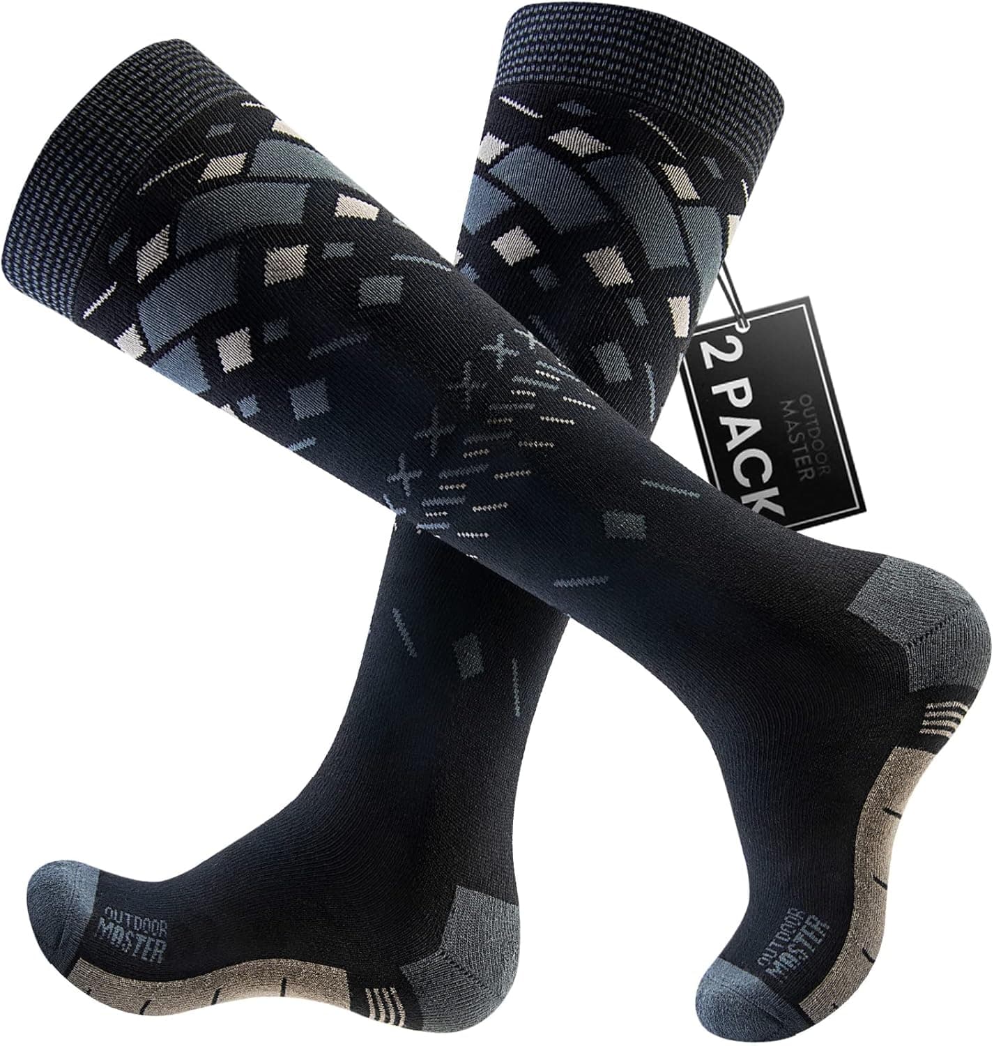 OutdoorMaster Ski Socks, 2-Pair Pack Skiing and Snowboarding Socks for Men & Women with Over the Calf Design w/Non-Slip Cuff