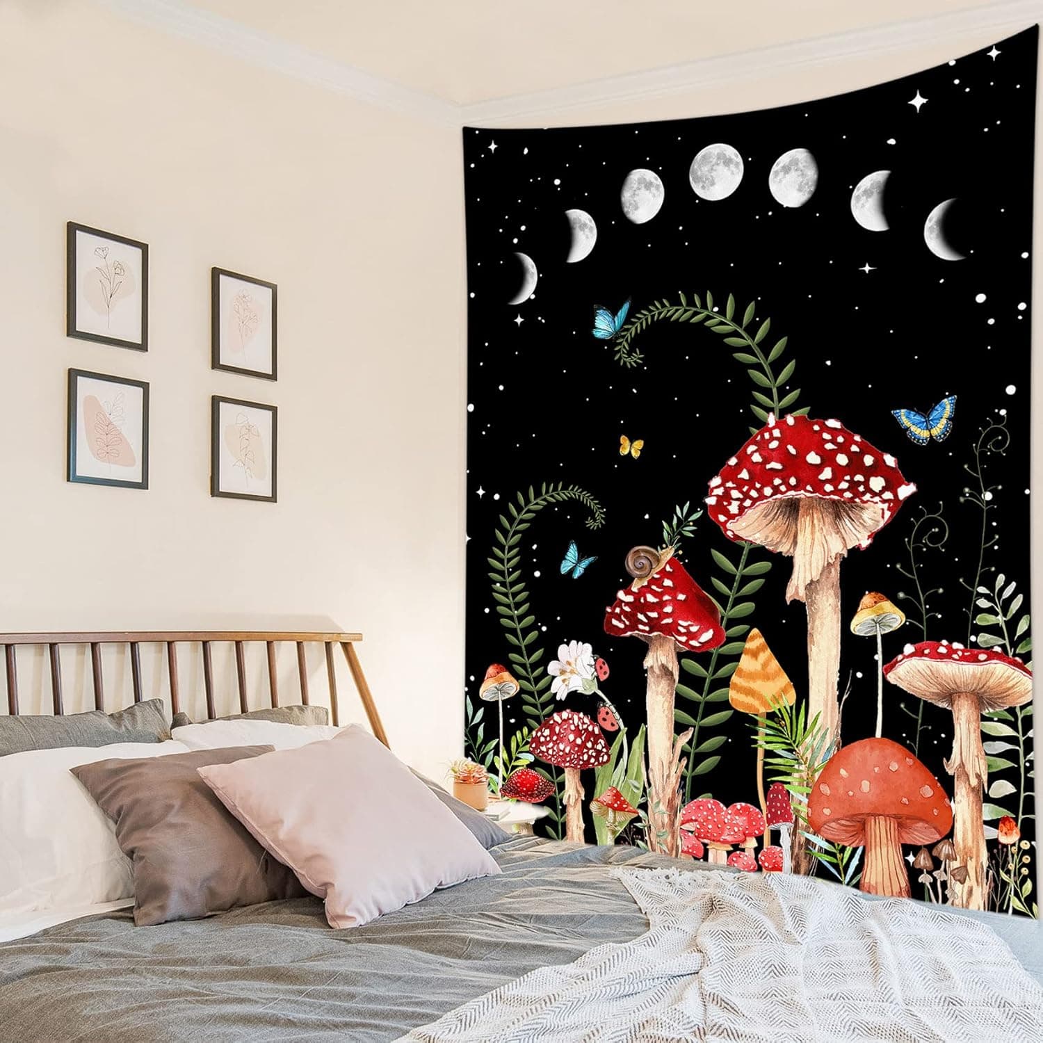 HVEST Mushroom Tapestry Colorful Vintage Butterfly Tapestry Wall Hanging Moon Phase and Stars Tapestry Green Botanical Plant Tapestry for Bedroom Aesthetics Living Room Wall Decor, 40W X 60L Inches