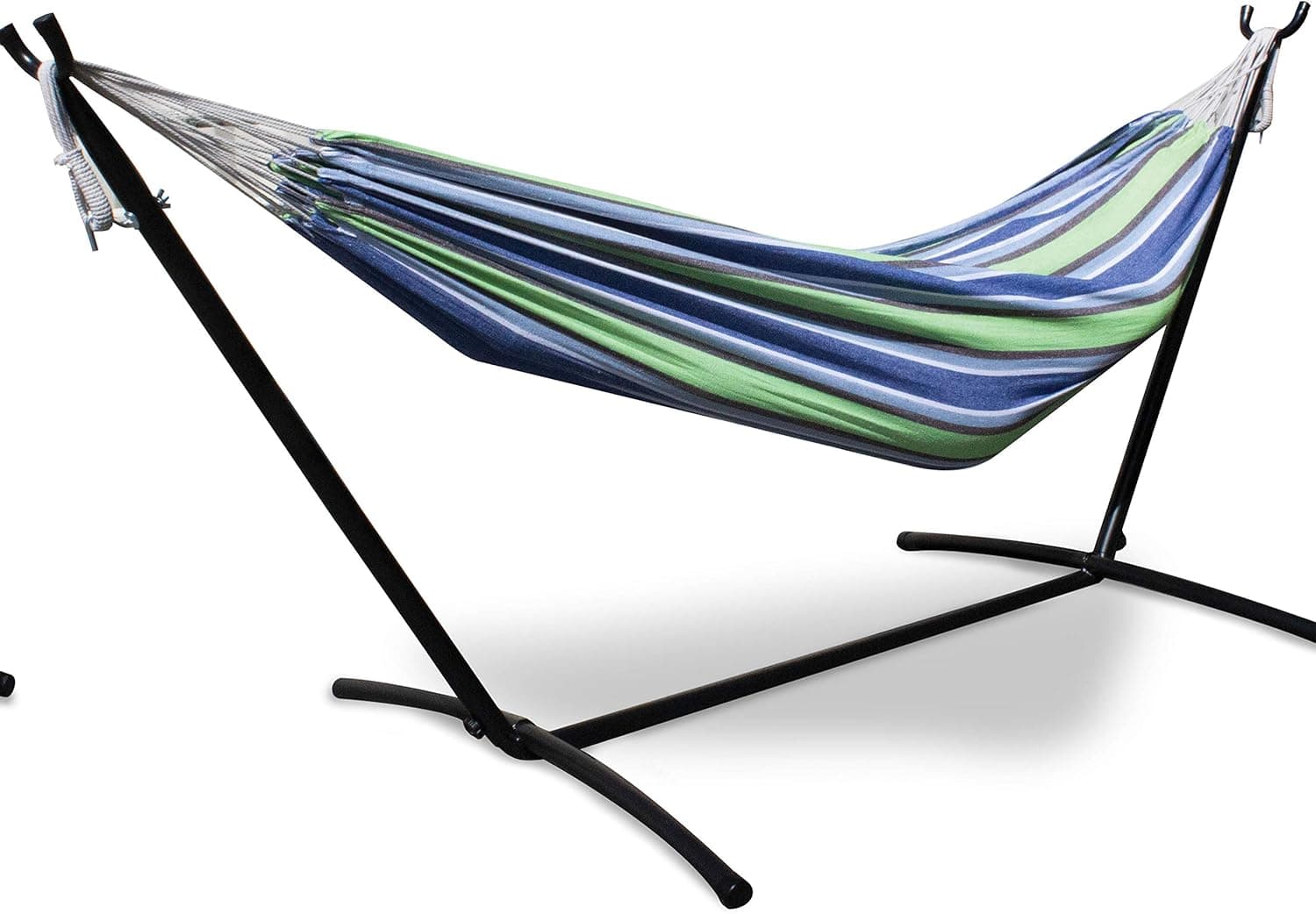 Mototeks Double Hammock with Steel Stand and Carry Bag for Garden Deck Yard Campsite Indoor Outdoor Use Comfort Durability Striped Large Hanging Chair (Green)