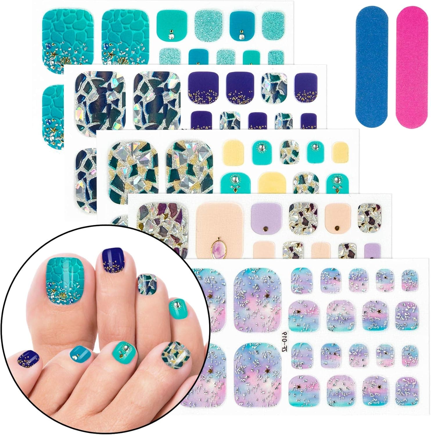5 Sheets Toenail Polish Strips 3D Toe Nail Art Stickers Decal Glitter Color Nails Wraps Self-Adhesive False Nails with Nail File for Women and Girls (Purple)