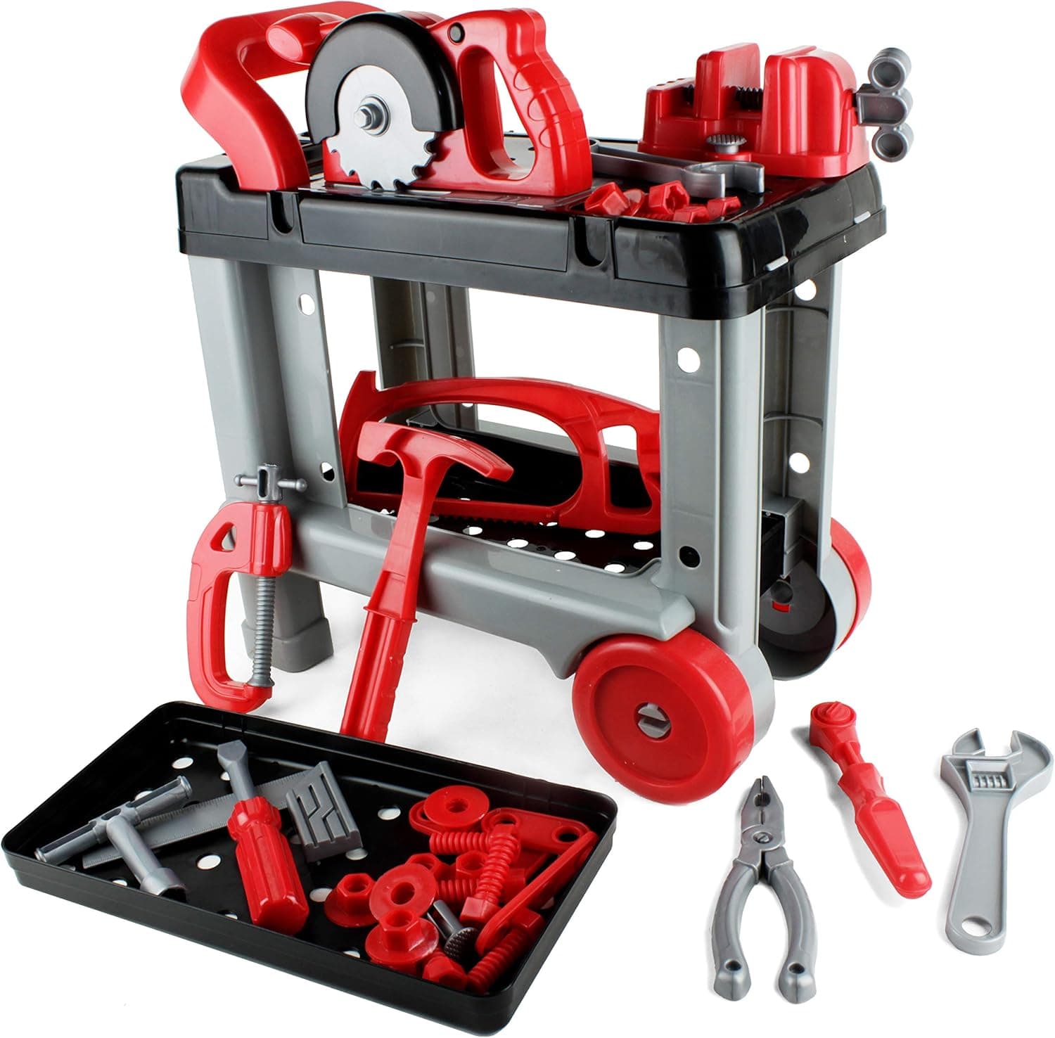Boley Builders Rolling Work Bench - Workshop Toy Tool Set for Toddlers Includes Construction Toys and Kids Tools: Hammers, Wrenches, Power Saws, and More! Fun Educational Toddler Toy Tool Kit