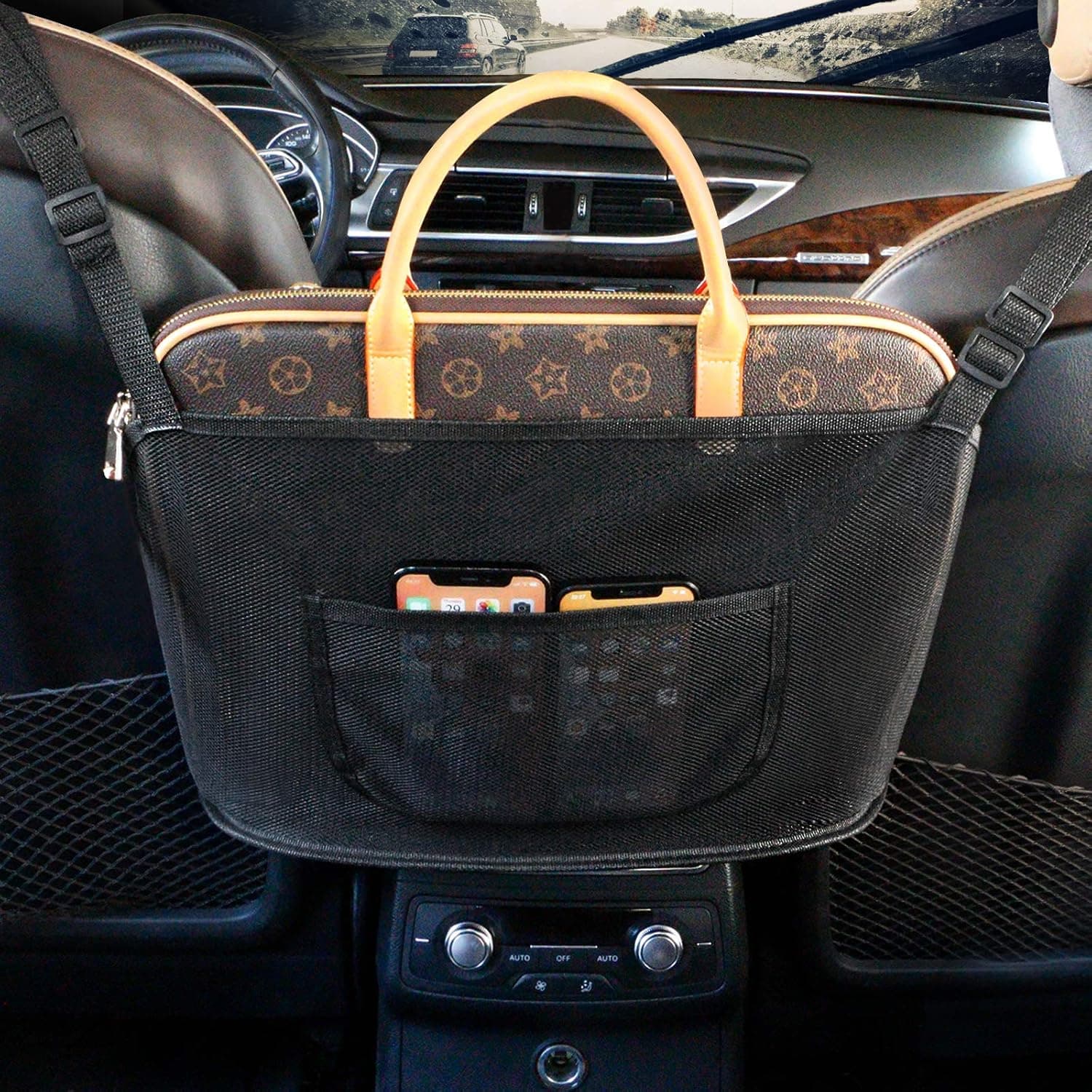 Anyuxin Car Net Pocket Handbag Holder,Net Pocket Handbag, Seat Back Net, Car Storage Netting Pouch, Used to Store Wallets and Document Bags, Backseat Pet Kids (Mysterious Black)