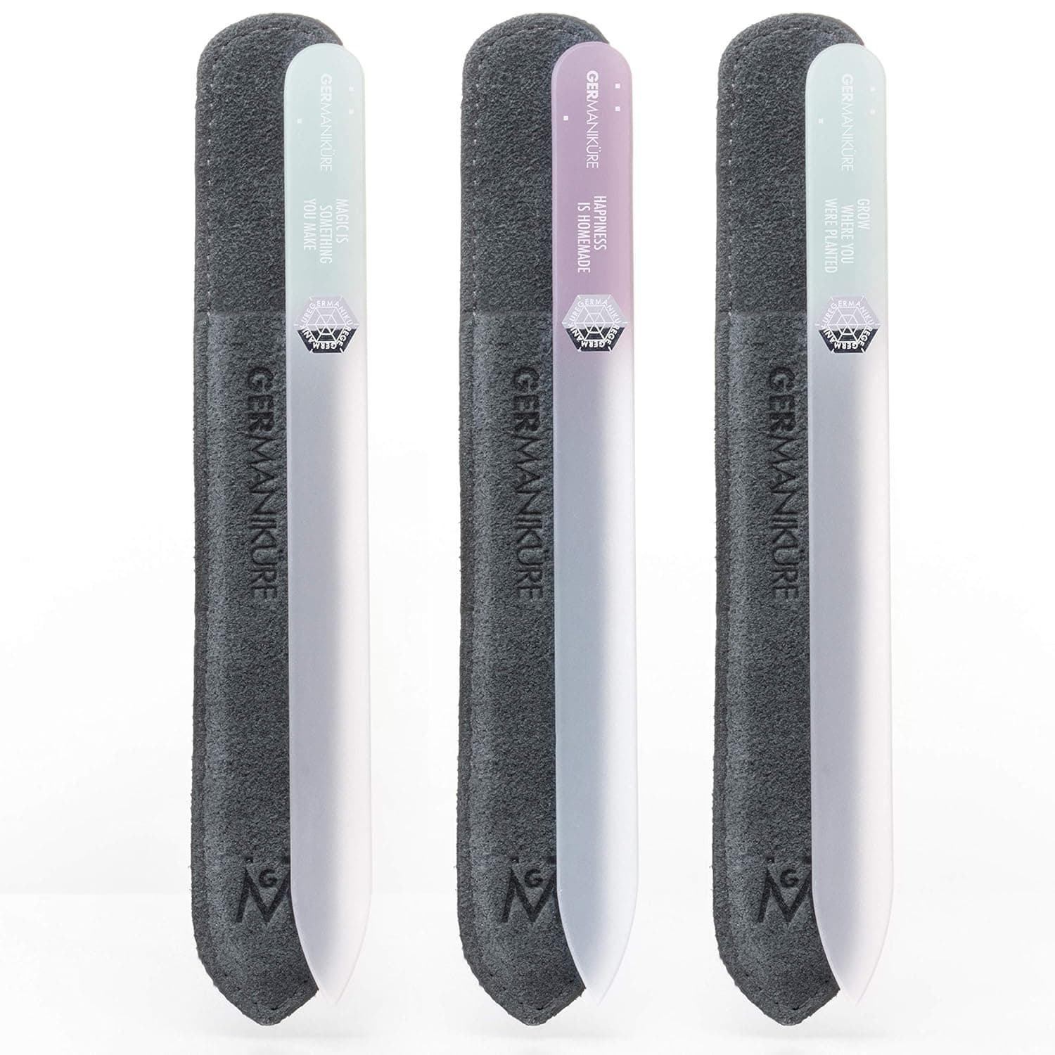 GERMANIKURE Czech Crystal Glass Nail File 3 Pack in Suede Leather Case - Professional Manicure & Pedicure Products for Smooth Easy Shaping of Natural Nails