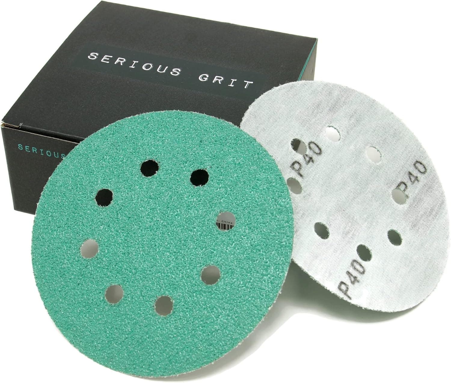 Serious Grit - 5-Inch 8-Hole 40 Grit Sanding Discs - Heavy-Duty Hook & Loop Velcro-Backed Film Discs - Sandpaper for Random Orbital Sanders - 25 Pack Box