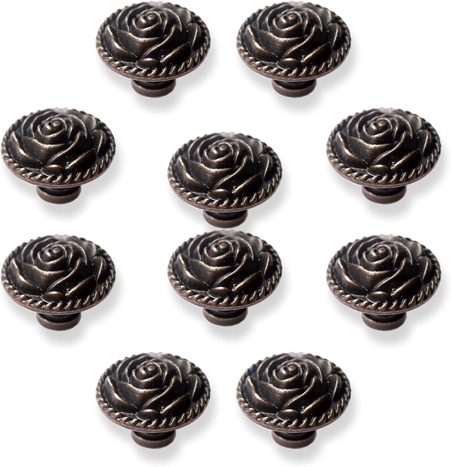 Perphin Bronze Vintage Dresser Knobs Antique Round Dresser Door Pull Zinc Alloy Rose Cabinet Knobs Metal Flower Drawer Handles with 3 Sized Screws for Furniture Cupboard Closet Wardrobe (10 Pack)