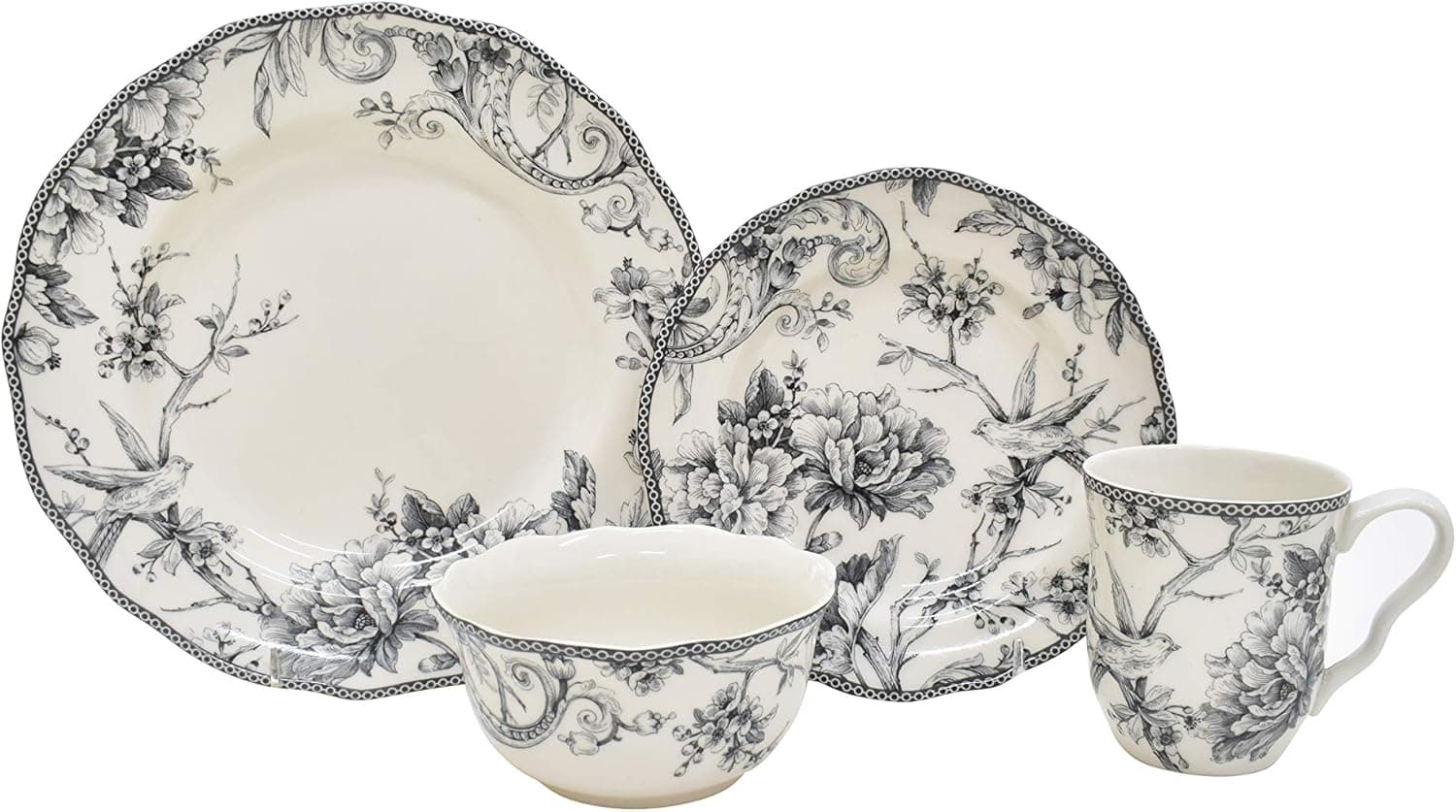 222 Fifth Adelaide 16-Piece Porcelain Dinnerware Set with Round Plates, Bowls, and Mugs, Gray